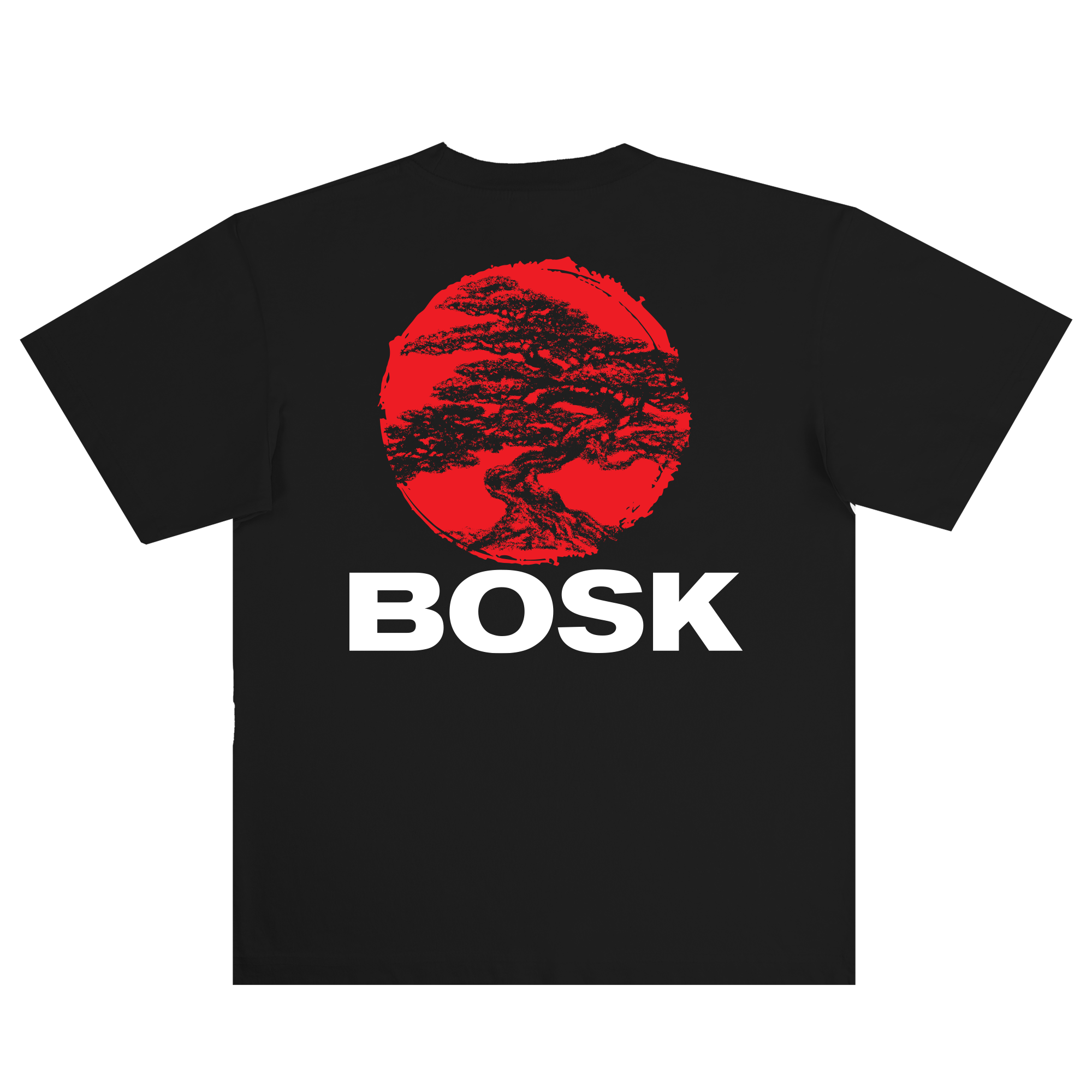 The BOSK Circle Bonsai Tee is a classic fit black shirt made from heavy-weight cotton, featuring a large red circle with an intricate bonsai tree on the back and “BOSK” printed in bold white letters below.