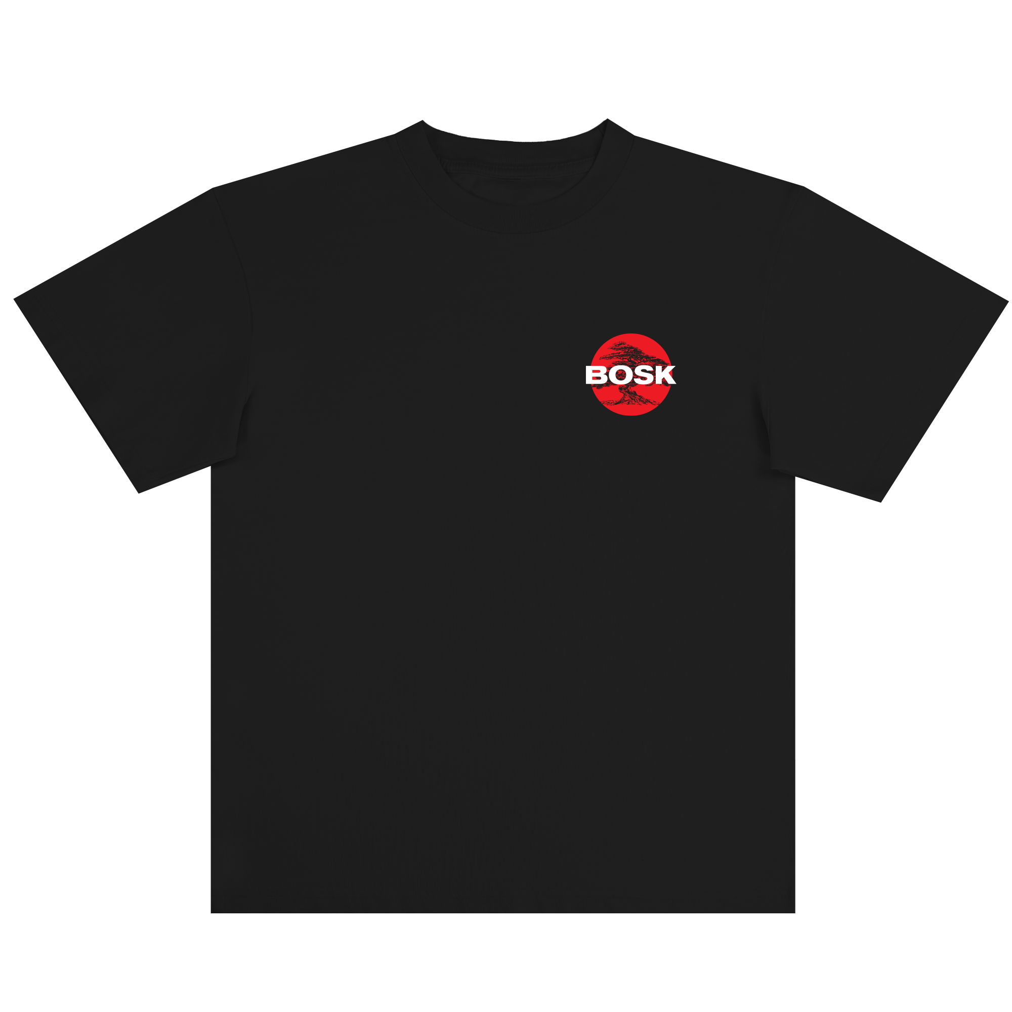 The BOSK Circle Bonsai Tee is a classic fit black t-shirt made from heavyweight cotton, featuring a small red and white circular BOSK logo with a stylized red sun on the left chest for a clean, minimal look.