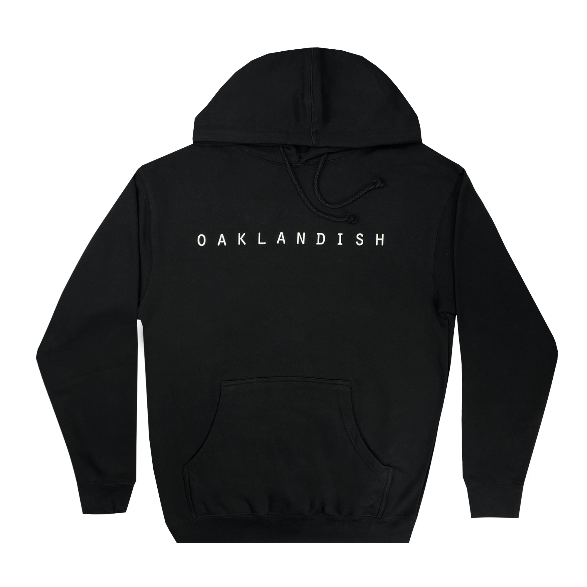 The Oaklandish Classic Hoodie by Oaklandish is a plain black pullover featuring a front kangaroo pocket and drawstring hood. "OAKLANDISH" is printed in bold, white, capital letters across the chest, celebrating Oakland roots. The men's fit hoodie is displayed flat against a white background.