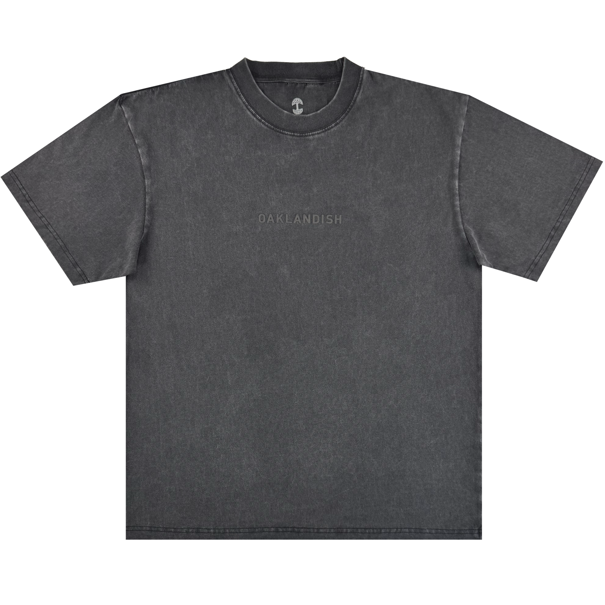 The Oaklandish Classic Logo Tee by Oaklandish is a heavyweight black cotton shirt with "OAKLANDISH" subtly printed across the chest. It features a classic crew neckline and visible stitched seams, shown laid flat on a light background.