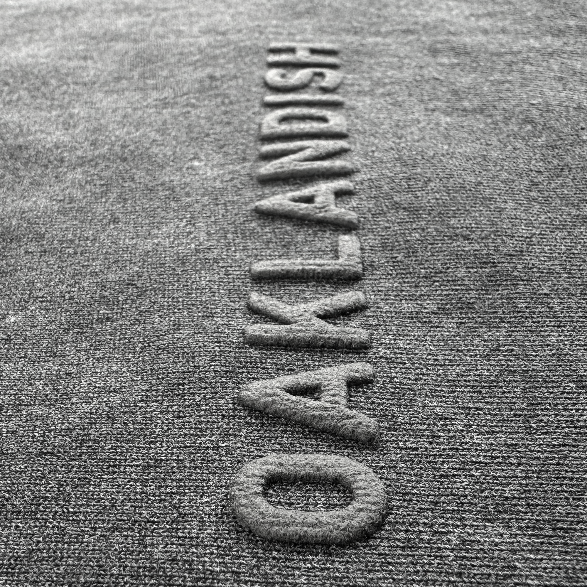 Raised, textured letters spell "OAKLANDISH" vertically on heavyweight, faded black cotton, adding depth and prominence to this oversized Oaklandish Classic Logo Tee. Subtle shadows enhance the tactile quality of the soft fabric.