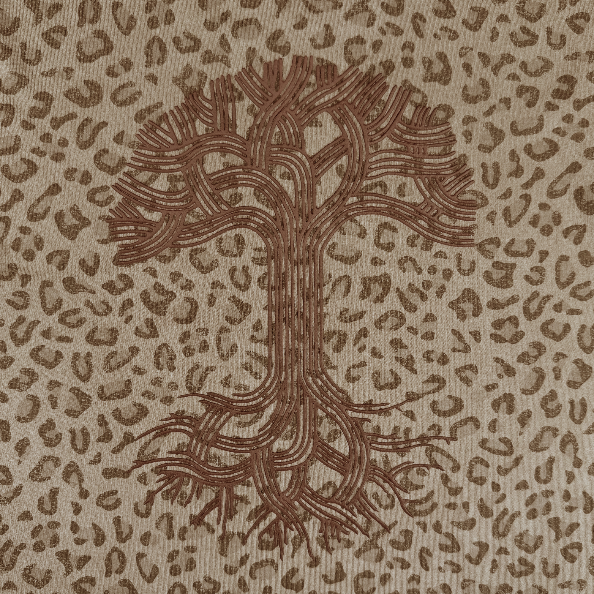 The Oaklandish Classic Logo Tee by Oaklandish features a stylized tree design embroidered in brown on heavyweight cotton. An abstract beige, tan, and brown spot pattern gives this oversized tee an earthy, men’s leopard-inspired vibe.