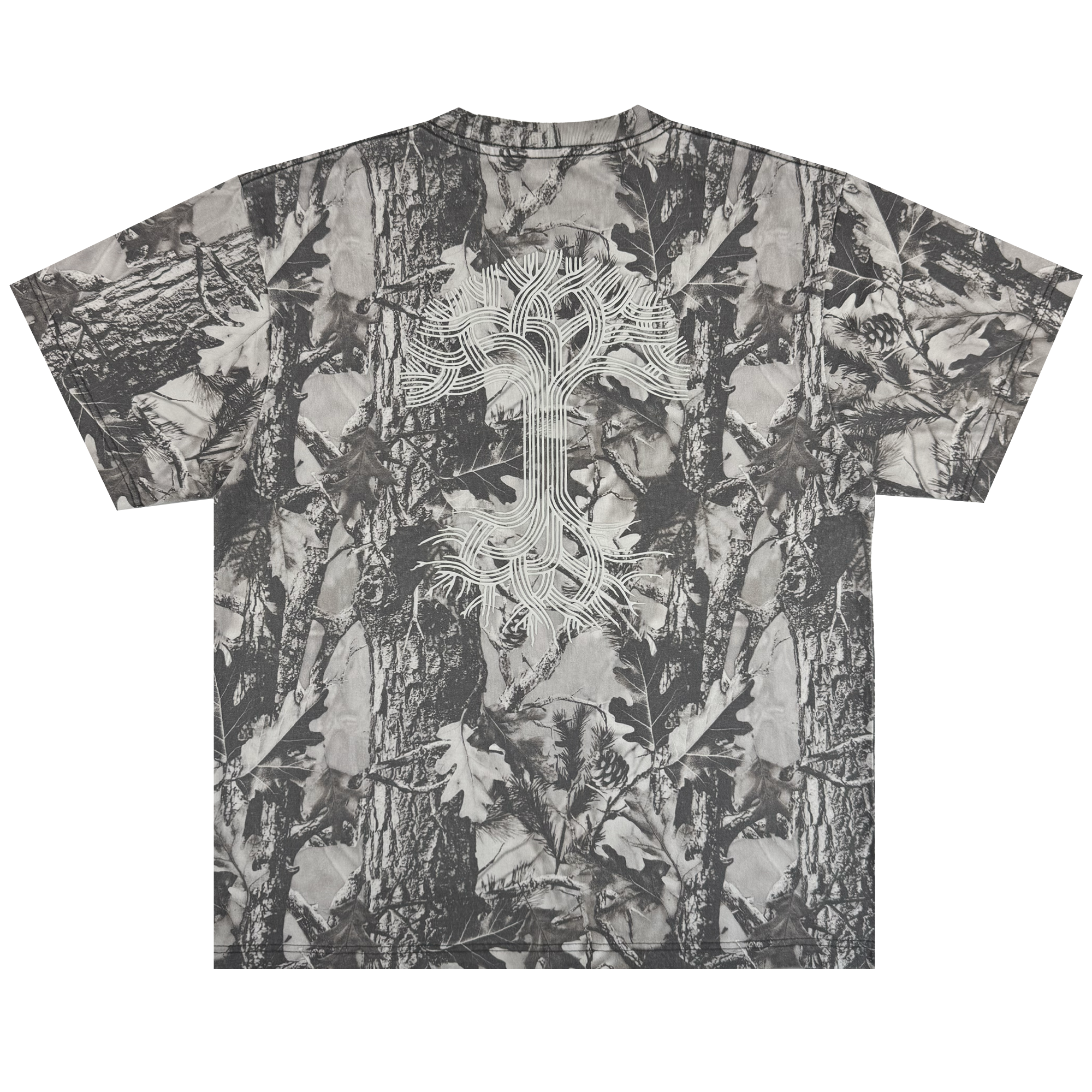 The Oaklandish Classic Logo Tee by Oaklandish is an oversized heavyweight cotton t-shirt in grey camo forest print, featuring a bold white geometric tree logo on the back.