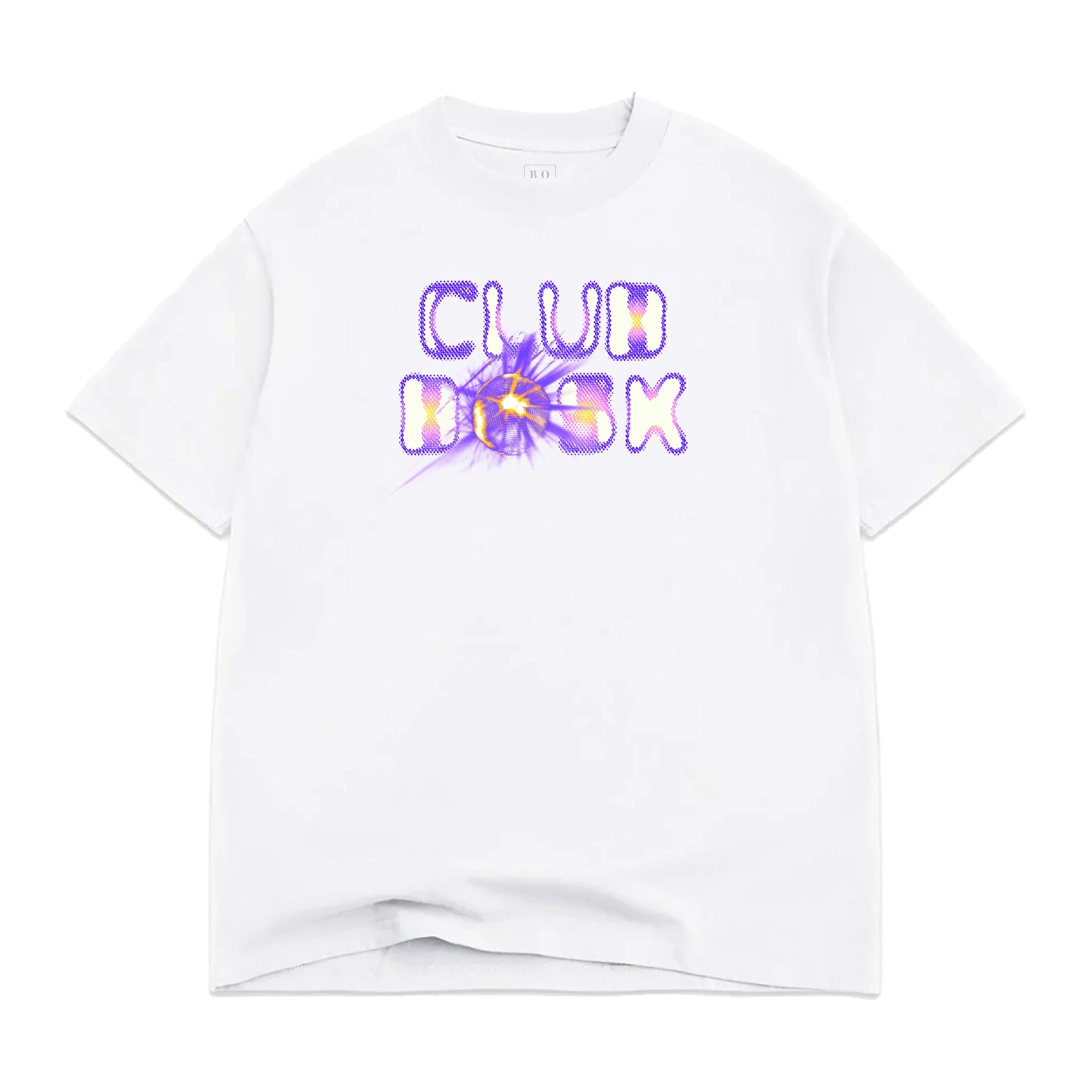 The BOSK Club Bosk Tee is an oversized men's heavyweight cotton t-shirt in plain white, featuring "CLUB RISK" in a bold purple and blue electric font with a yellow burst, shown laid flat on a white background.