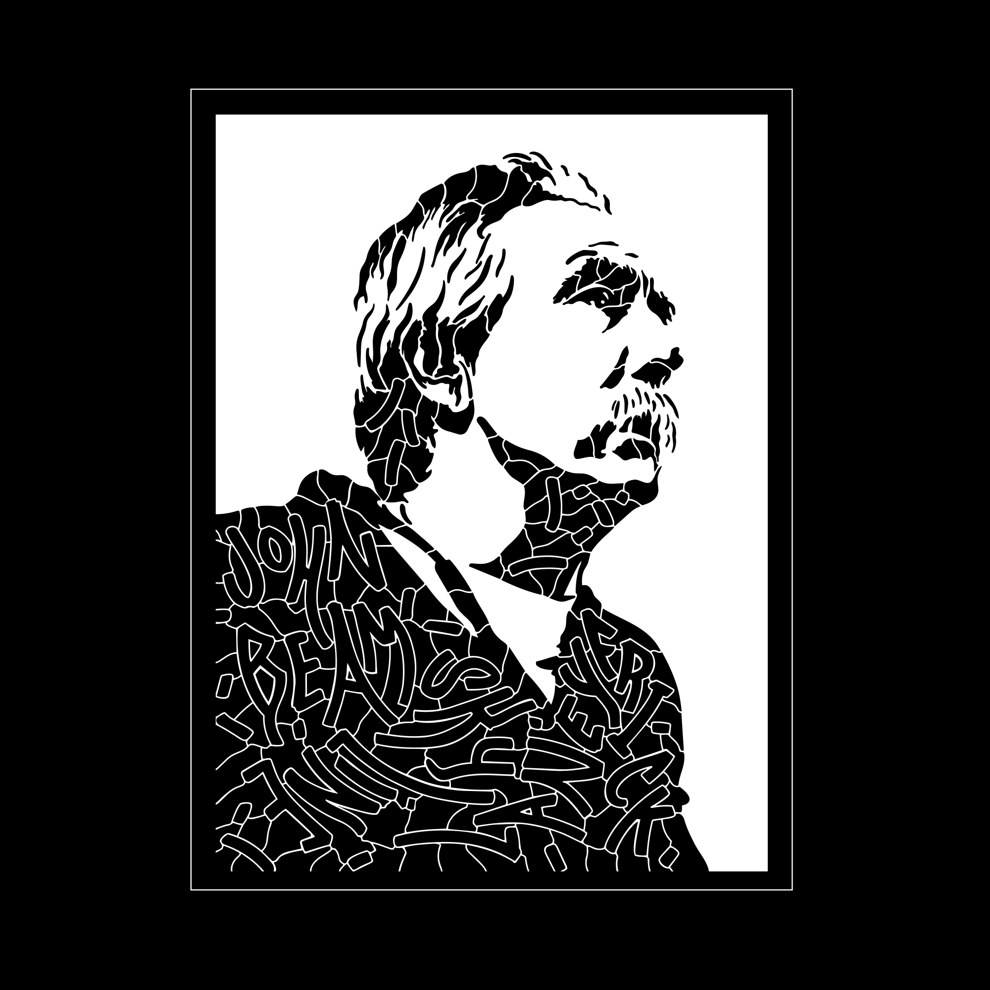 The Coach Beam’s Legacy Tee by Other features a black and white portrait of an older man with a mustache, outlined in fragmented shapes. His shirt spells “John Beame,” and the image is framed by a double-lined rectangle.