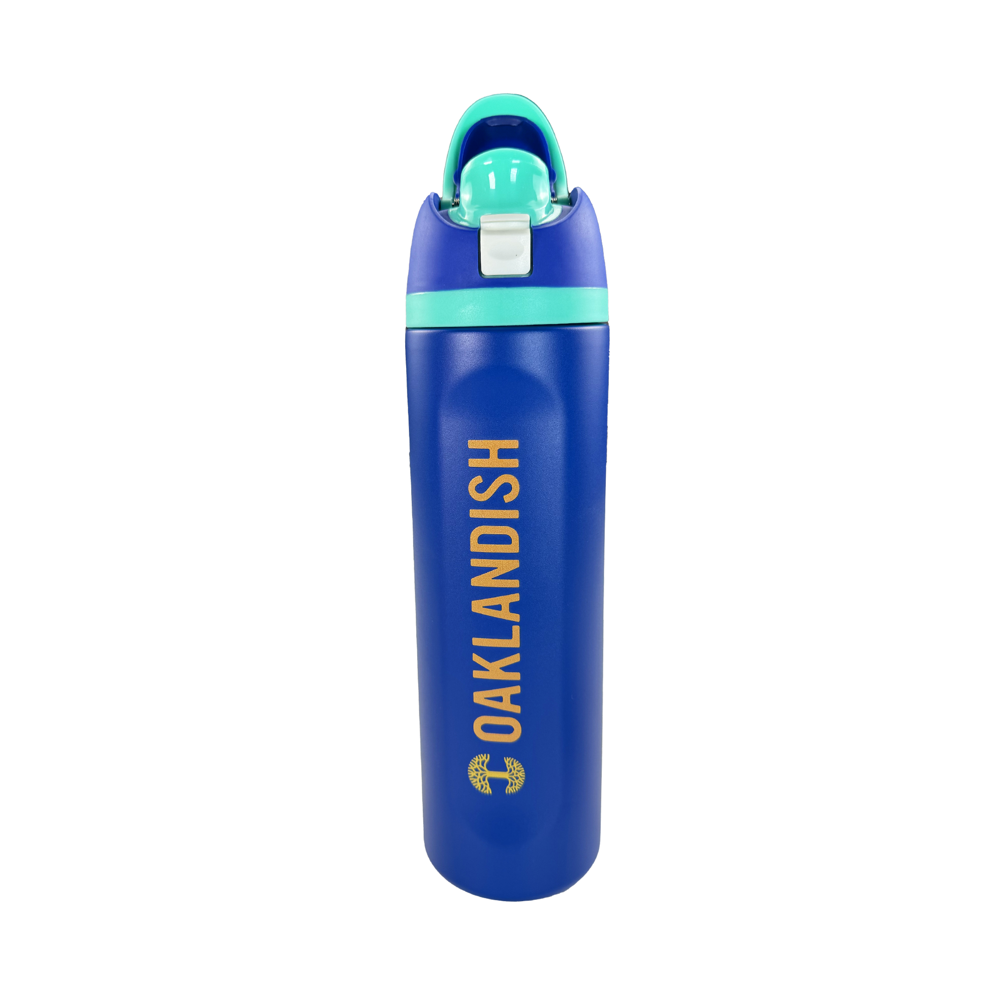 The Oaklandish Colorful Bottle is a tall, blue bottle with a turquoise flip-top lid, white latch, and "OAKLANDISH" printed vertically in yellow alongside a small yellow logo near the base. Background is plain white. Brand: Oaklandish.