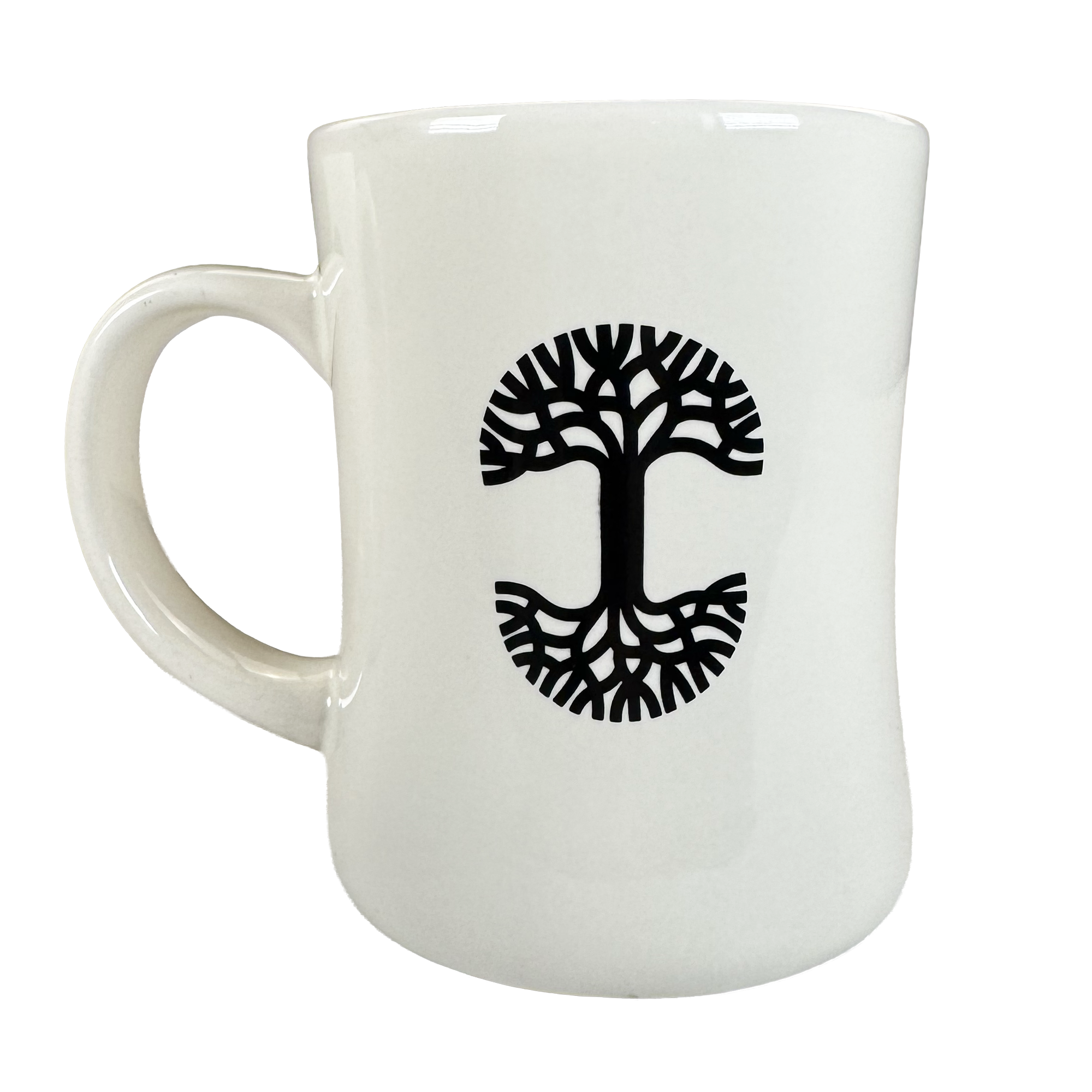 The Oaklandish Cranes Diner Mug is a 14 oz white ceramic mug featuring a black tree design with a symmetrical, kidney-shaped outline, shown from the side against a plain background—ideal for stylish drinkware collections.