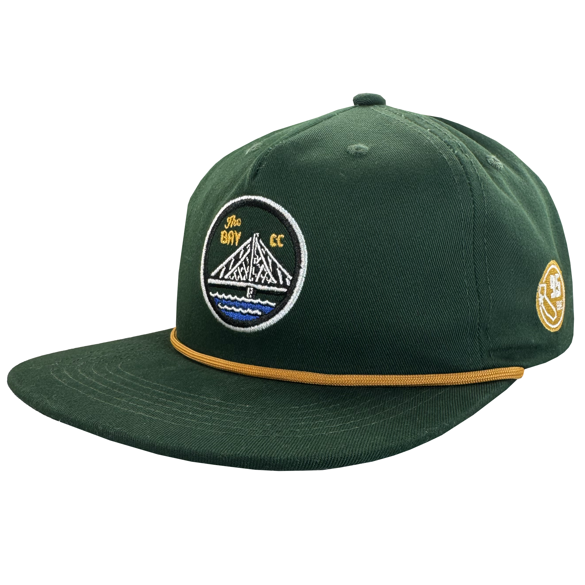 The Bay Area 5 Panel By DOC by Oaklandish features dark green fabric, a flat brim with gold rope detail, and embroidered patches—a “The Bay CC” bridge design up front and a yellow “35” on the side. Part of The Bay Collection.