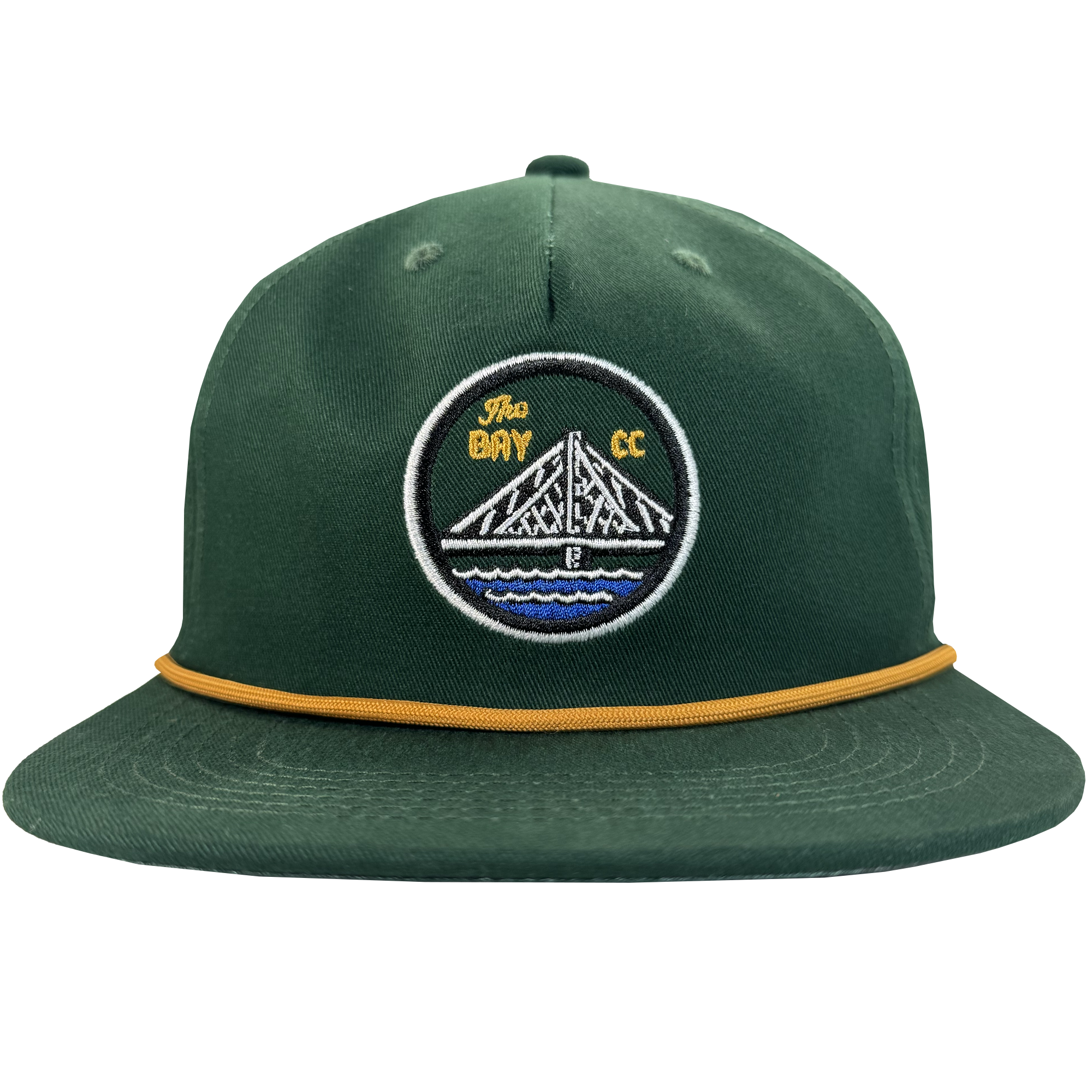 The Bay Area 5 Panel by DOC from Oaklandish is a green hat with a structured crown, gold rope detail, and a patch showing a white bridge over blue water with "The Bay CC" in yellow on black.