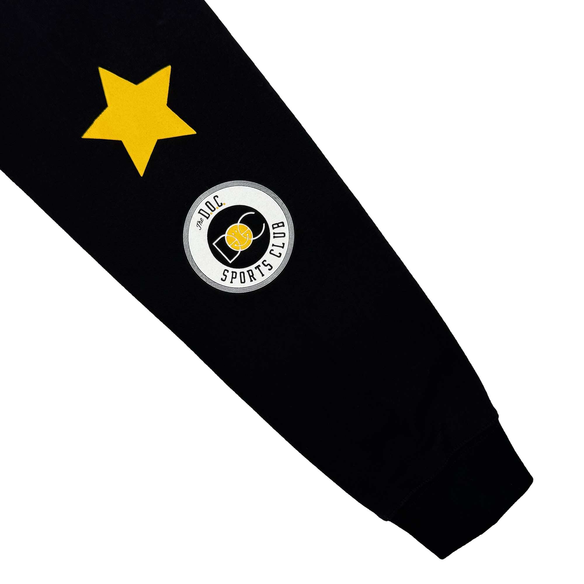 A black sleeve from the Oaklandish Bay Bridge Hoodie By DOC V2, featuring a large yellow star and a round "J02C SPORTS CLUB" patch with shield emblem. Designed for men's fleece hoodies with ribbed sleeve ends on a plain white background.