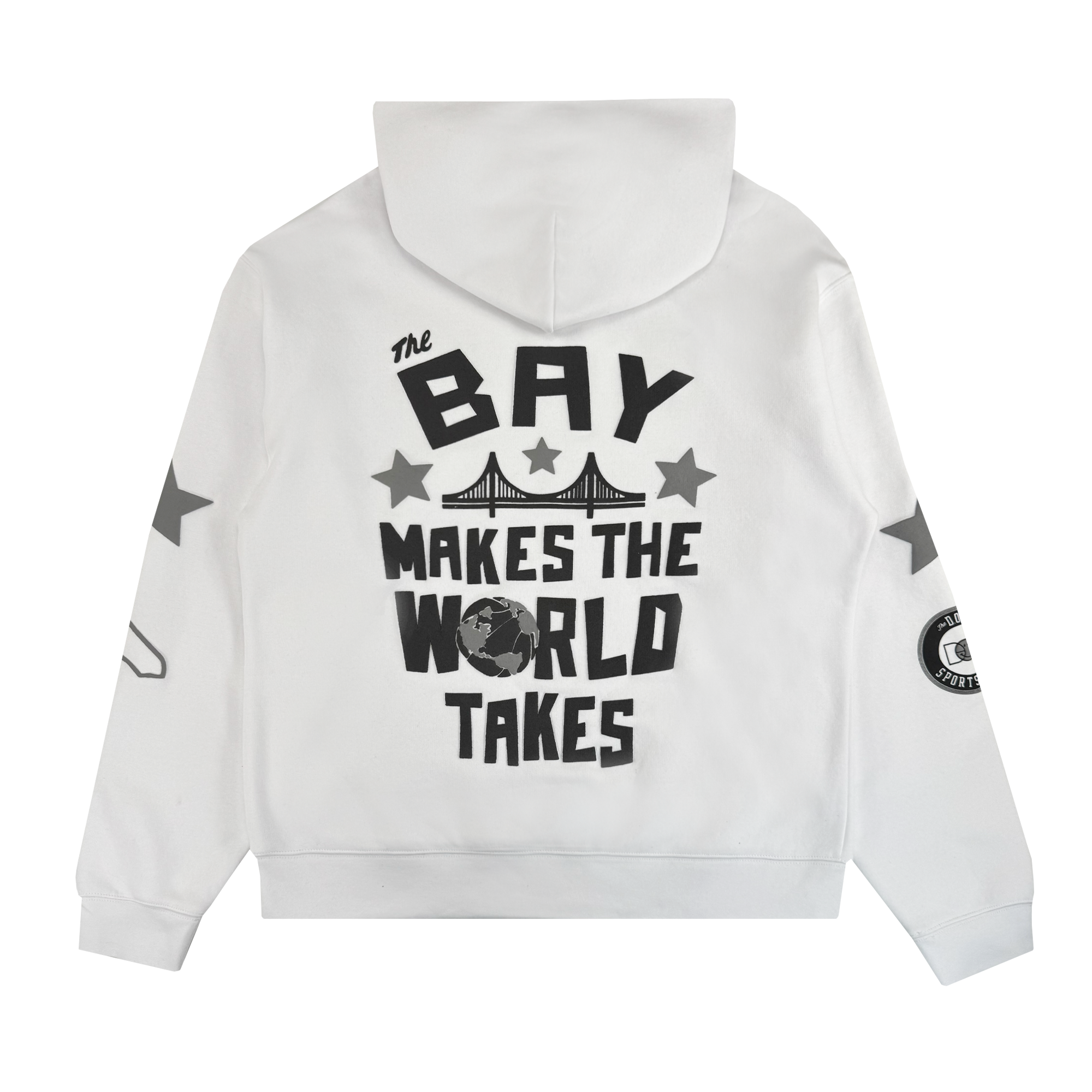 The Bay Bridge Hoodie By DOC V2 from Oaklandish features a white pullover design with a graphic bridge, gray stars, bold “The Bay Makes The World Takes” text, and standout sleeve details for stylish men's fleece hoodie appeal.