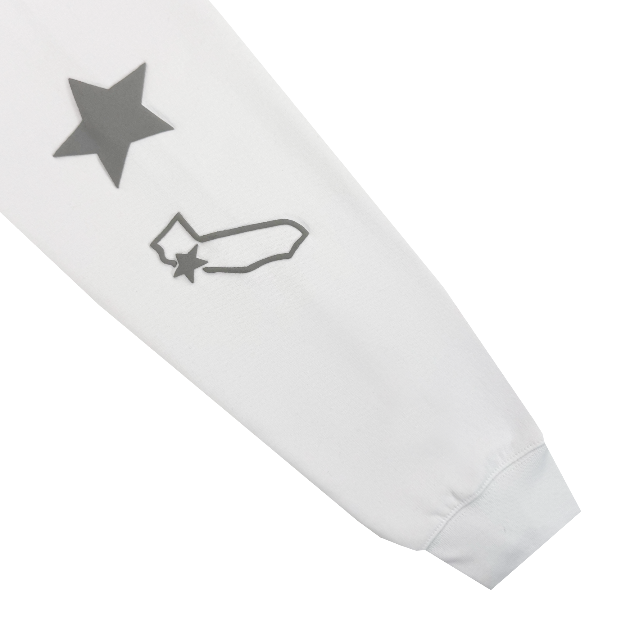 The Bay Bridge Hoodie By DOC V2 by Oaklandish has a white long sleeve with two gray graphics: a large star near the upper sleeve and an outline of California with a smaller star above the south. The image displays only the sleeve on a plain white background.