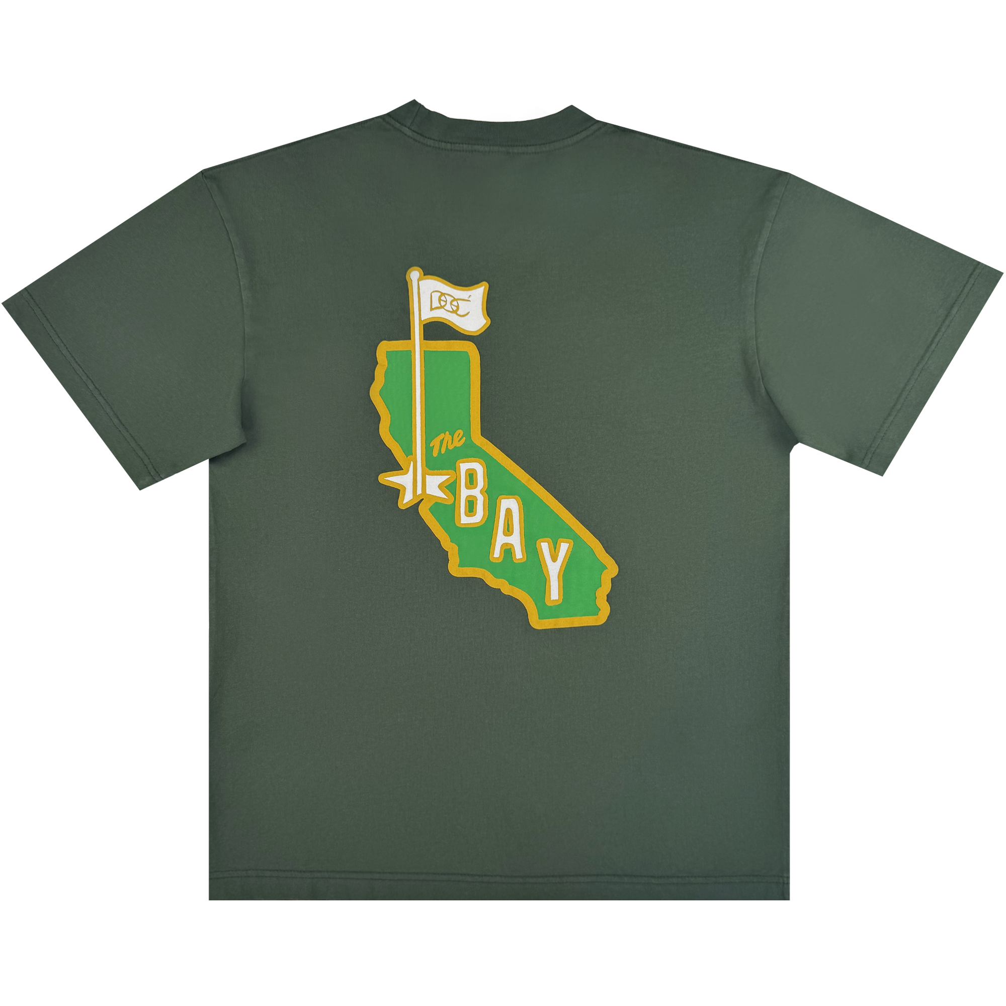 The CA Bay Area Tee by DOC from Oaklandish is a dark green heavyweight cotton shirt with a yellow outline of California and “The BAY” in bold lettering. A “1st” golf flag marks the Bay Area on the back.