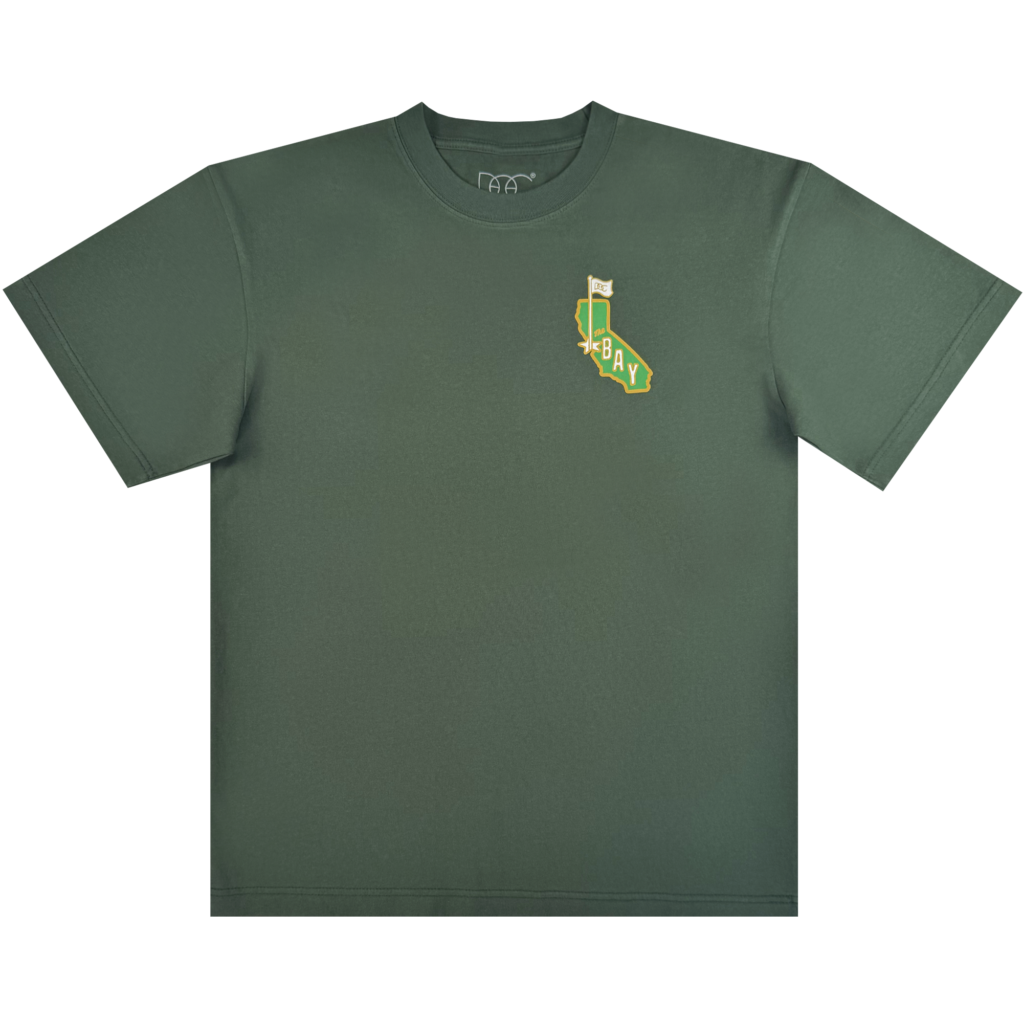 The CA Bay Area Tee By DOC by Oaklandish is a green heavyweight cotton classic fit t-shirt with a small yellow and white California waving flag "BAY" graphic on the left chest. Part of The Bay Collection. Plain white background.