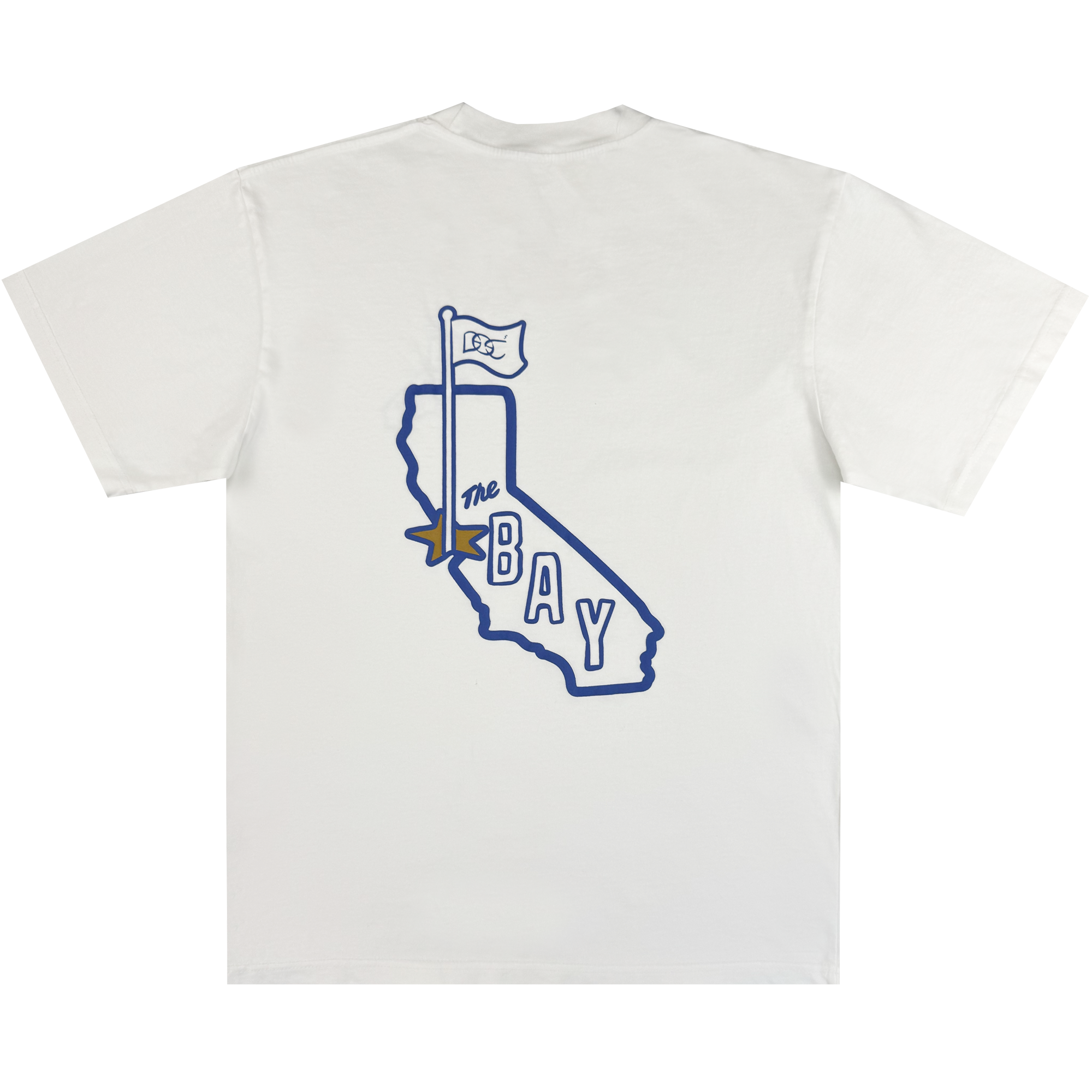 The Oaklandish CA Bay Area Tee by DOC is a classic fit on premium heavyweight cotton, featuring an outlined California graphic, a "1st" flag at the top, and bold blue and yellow "The BAY" across the lower state.