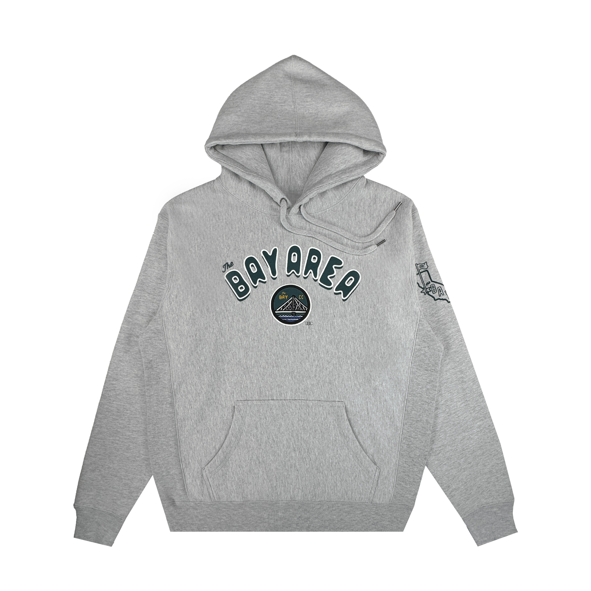The Bay Area CC Hoodie By DOC from Oaklandish is a light gray heavyweight fleece men’s pullover with “BAY AREA” in varsity dark green on the chest, a landscape patch beneath, front pocket, and building sketch on the left sleeve.