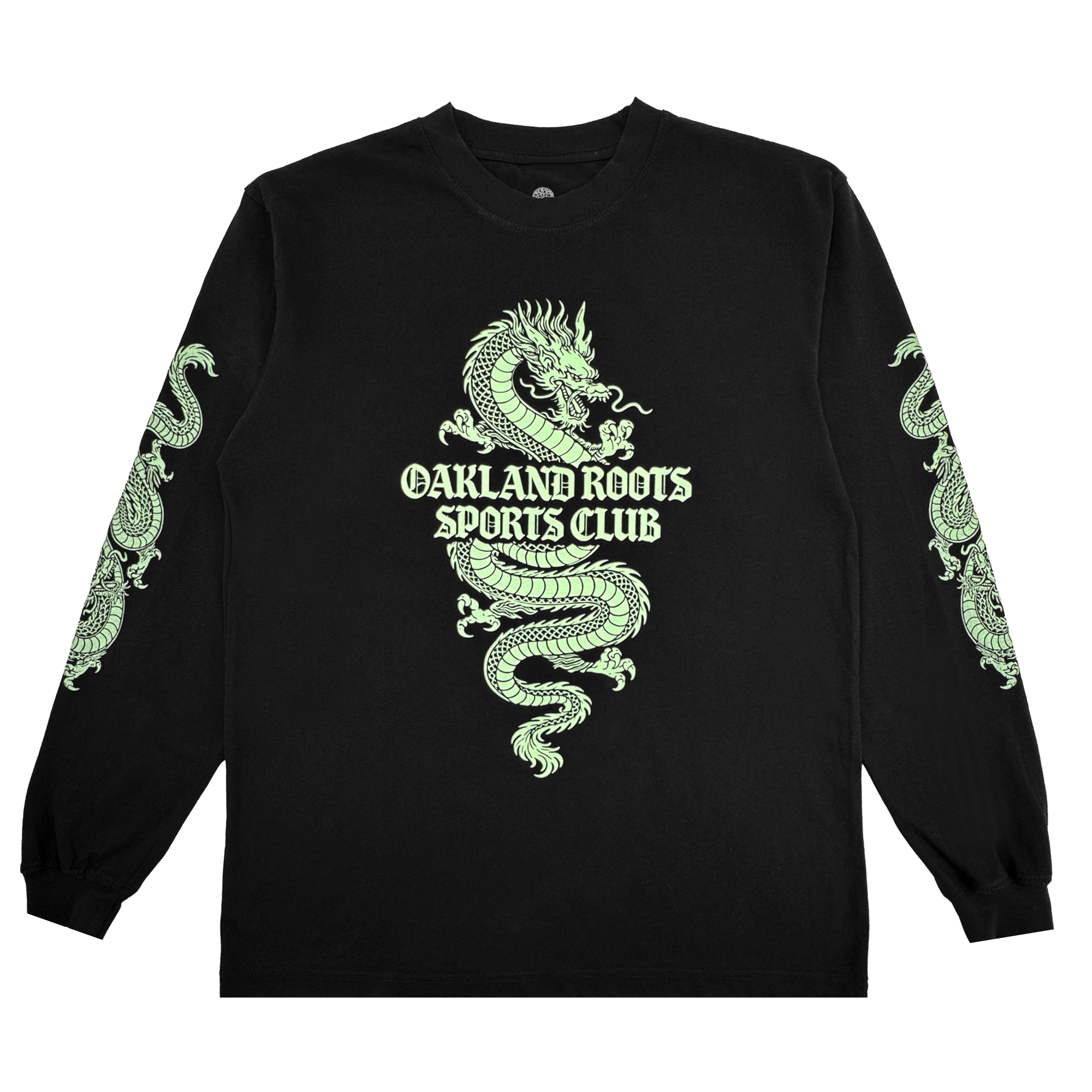 The ORSC Ryujin LS Tee by Oakland Roots SC is a black long-sleeve shirt with a bold neon-green dragon wrapped around “Oakland Roots Sports Club” on the chest and smaller dragon accents on the sleeves, shown laid flat on a white background.