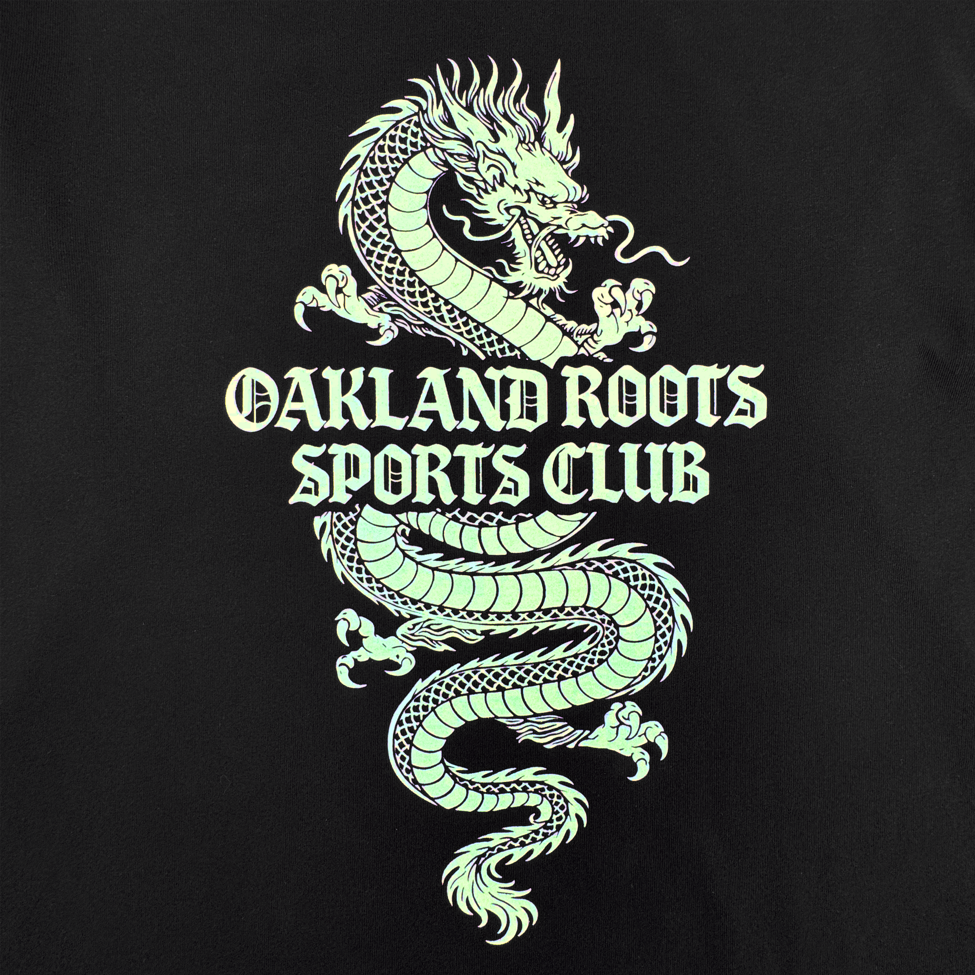 A stylized pale green coiled dragon encircles “OAKLAND ROOTS SPORTS CLUB” in bold, ornate uppercase font on the ORSC Ryujin LS Tee by Oakland Roots SC, set against a solid black background for a striking look.