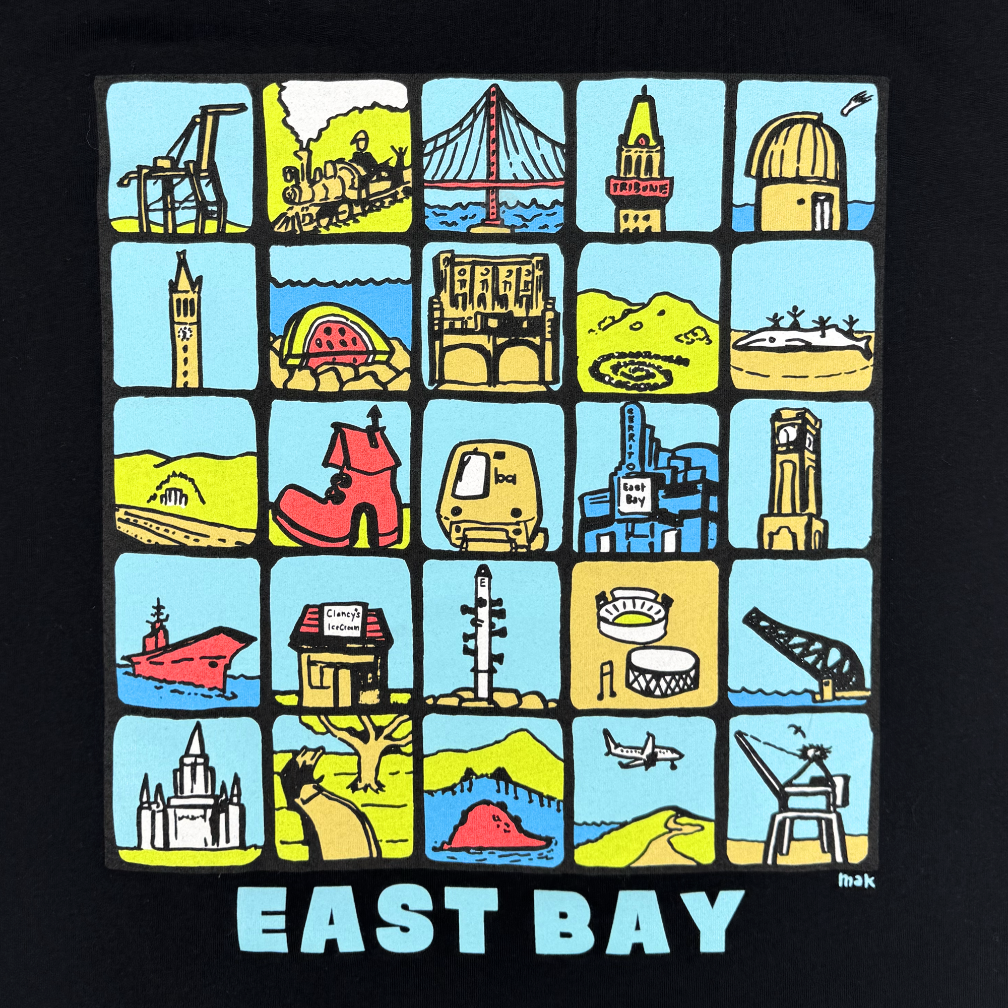 The Women's East Bay Landmarks Tee by Oaklandish features a vibrant grid of local scenes—bridges, hills, and animals—on a black background, with "EAST BAY" in bold light blue at the bottom. A striking design perfect for standout style.