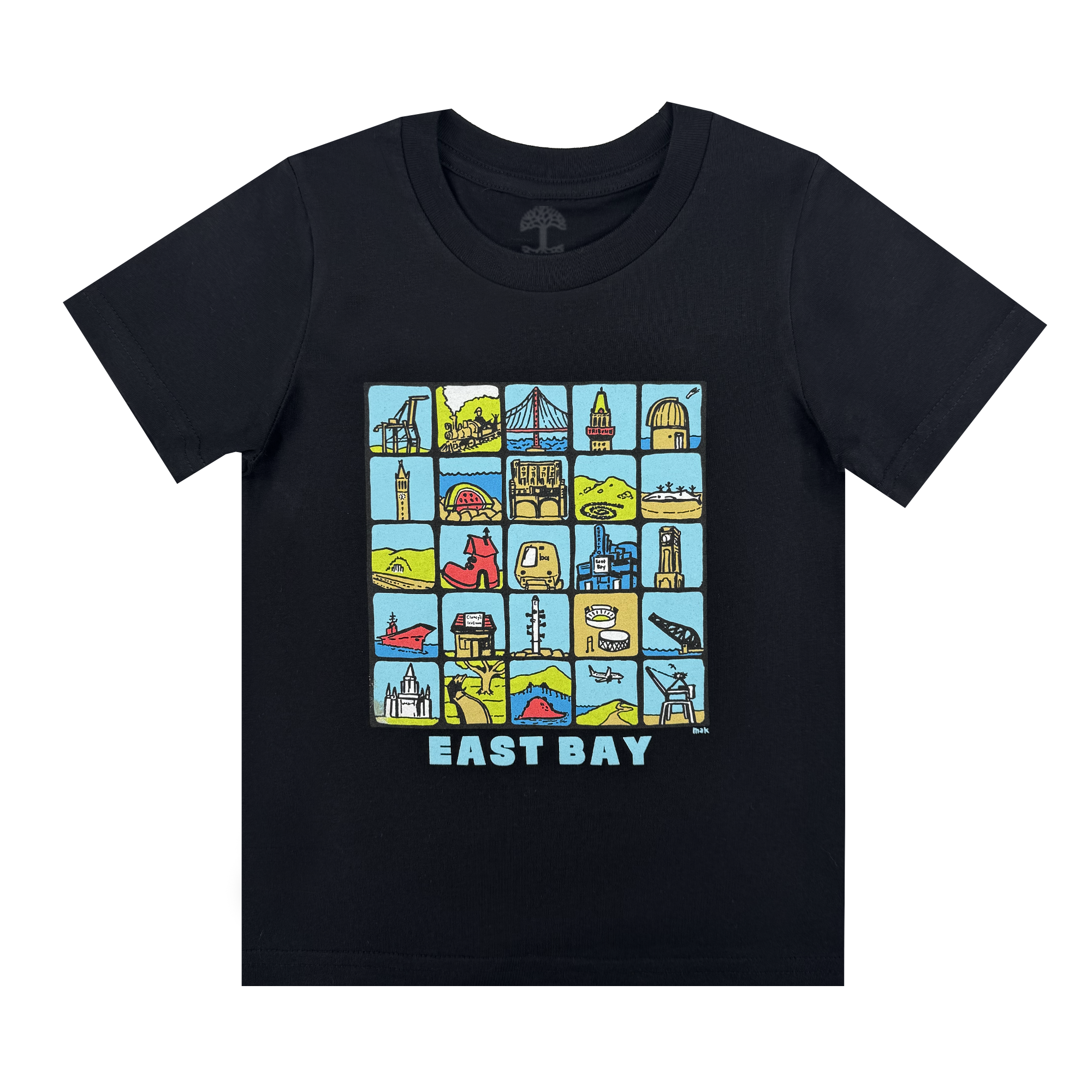 The Oaklandish Toddler East Bay Landmark Tee is a black shirt with a colorful grid of East Bay sites—buildings, bridges, hills, and boats—and “EAST BAY” in bold letters below black-outlined illustrations on a light blue background.
