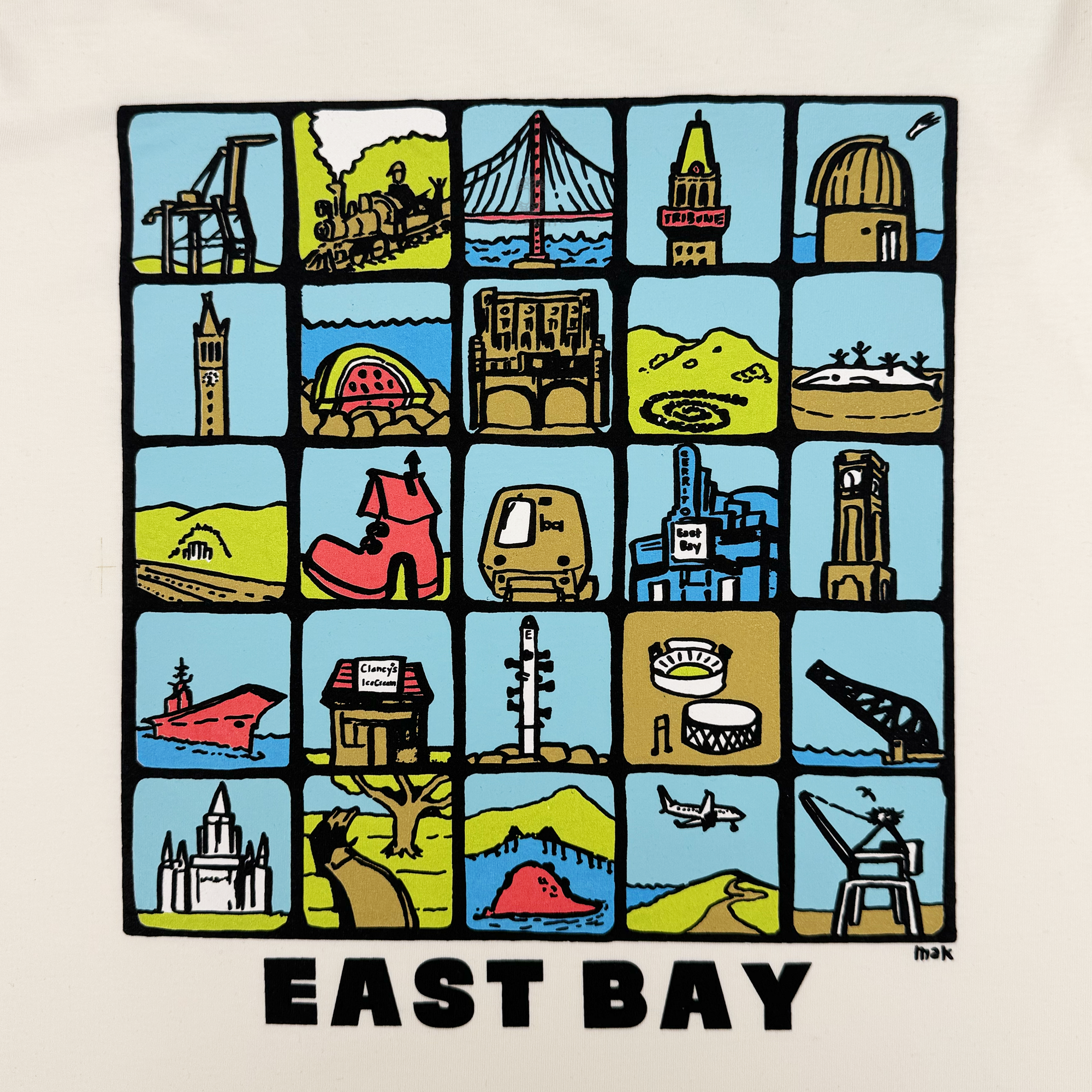 The Oaklandish East Bay Landmarks Tee features a vibrant 4x5 grid illustration of cartoon-style East Bay landmarks with black outlines and blue, green, and brown accents above bold “EAST BAY” text.