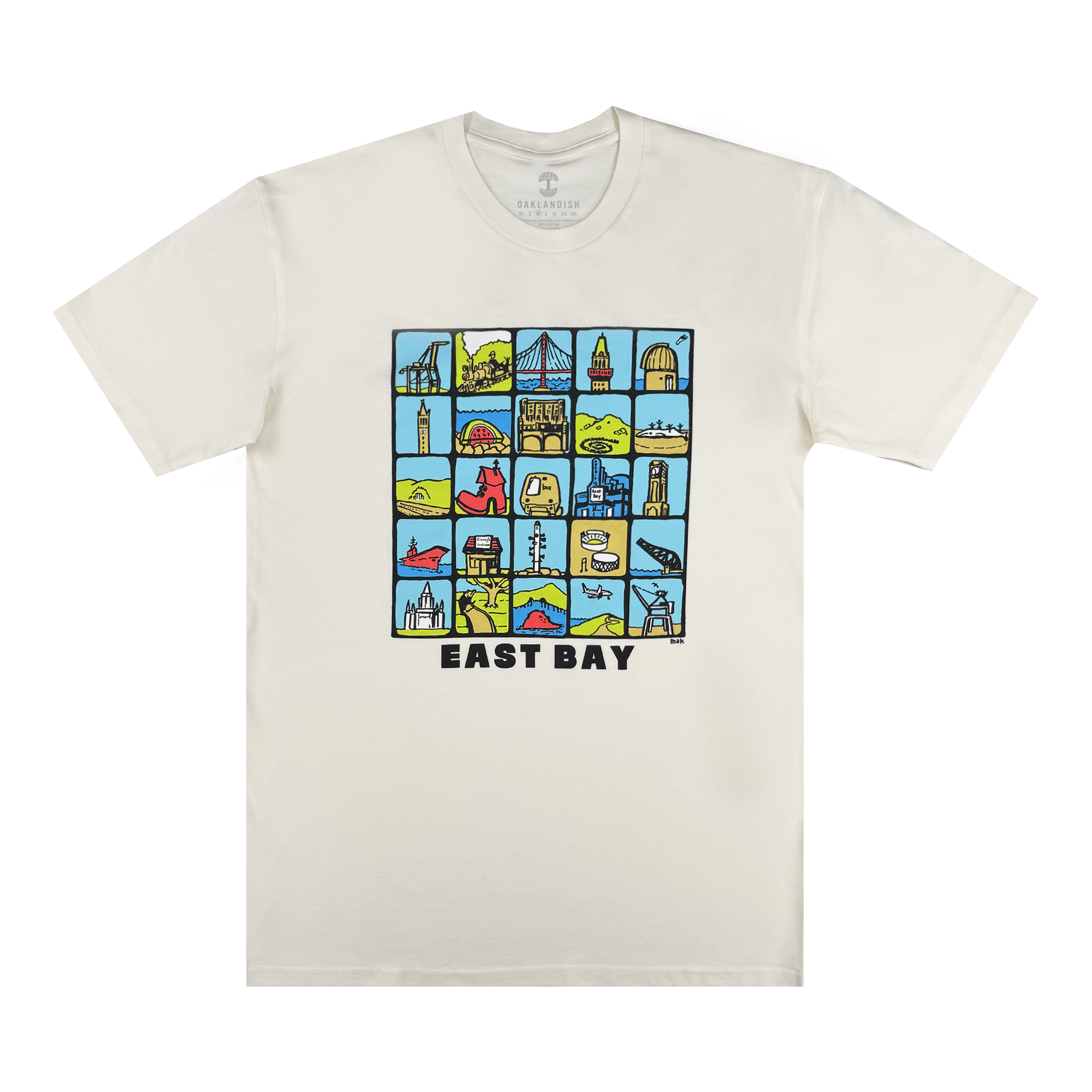 The Oaklandish East Bay Landmarks Tee is a white shirt featuring a grid of colorful, artist-inspired images of local landmarks, nature, animals, and buildings. "EAST BAY" appears in bold black letters beneath the illustrations.