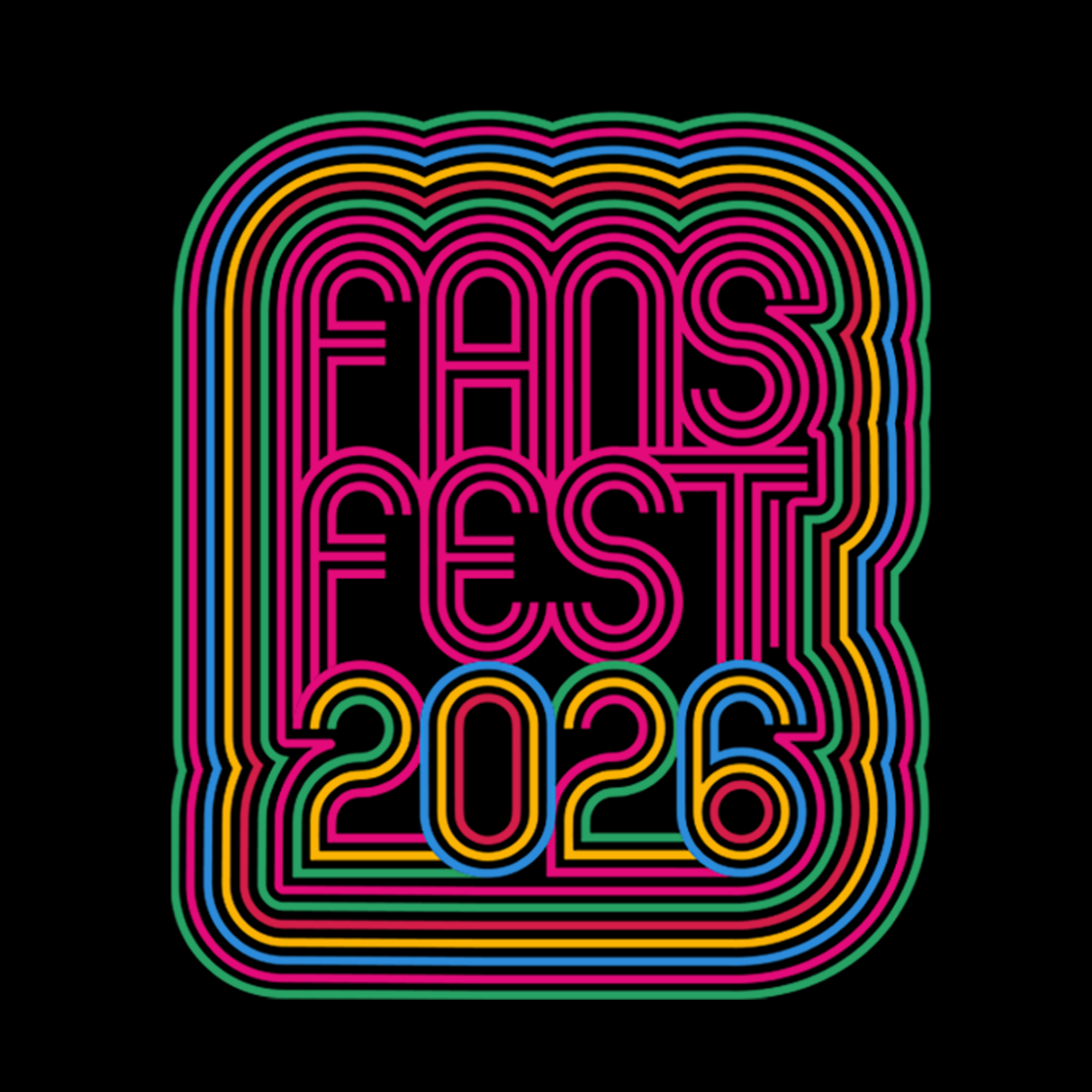 The (Preorder) Women's Fans Fest 2026 Limited Tee by Other features bold neon lines forming “FANS FEST 2026” in a stacked, maze-style font on black 100% cotton with pink, orange, green, and blue for a retro vibe. Limited availability.