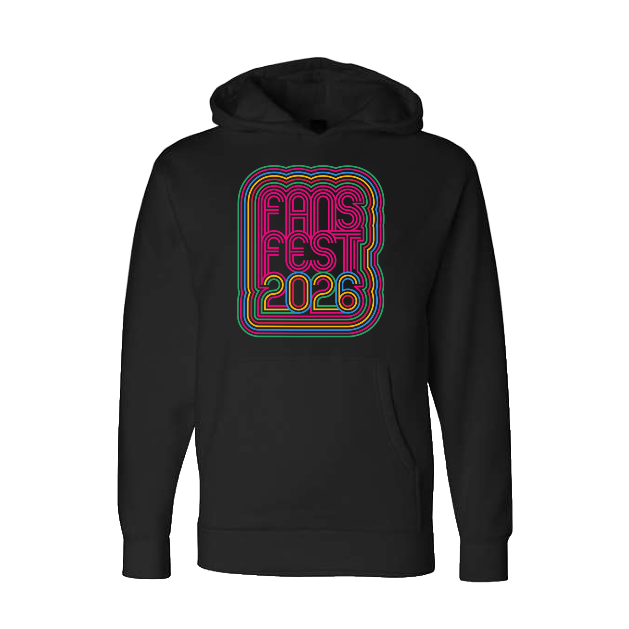 The (Preorder) Fans Fest 2026 Limited Hoodie by Other is a black men’s pullover with long sleeves, a front pocket, and a bold retro neon “FANS FEST 2026” graphic on the chest. Limited release—order now!.