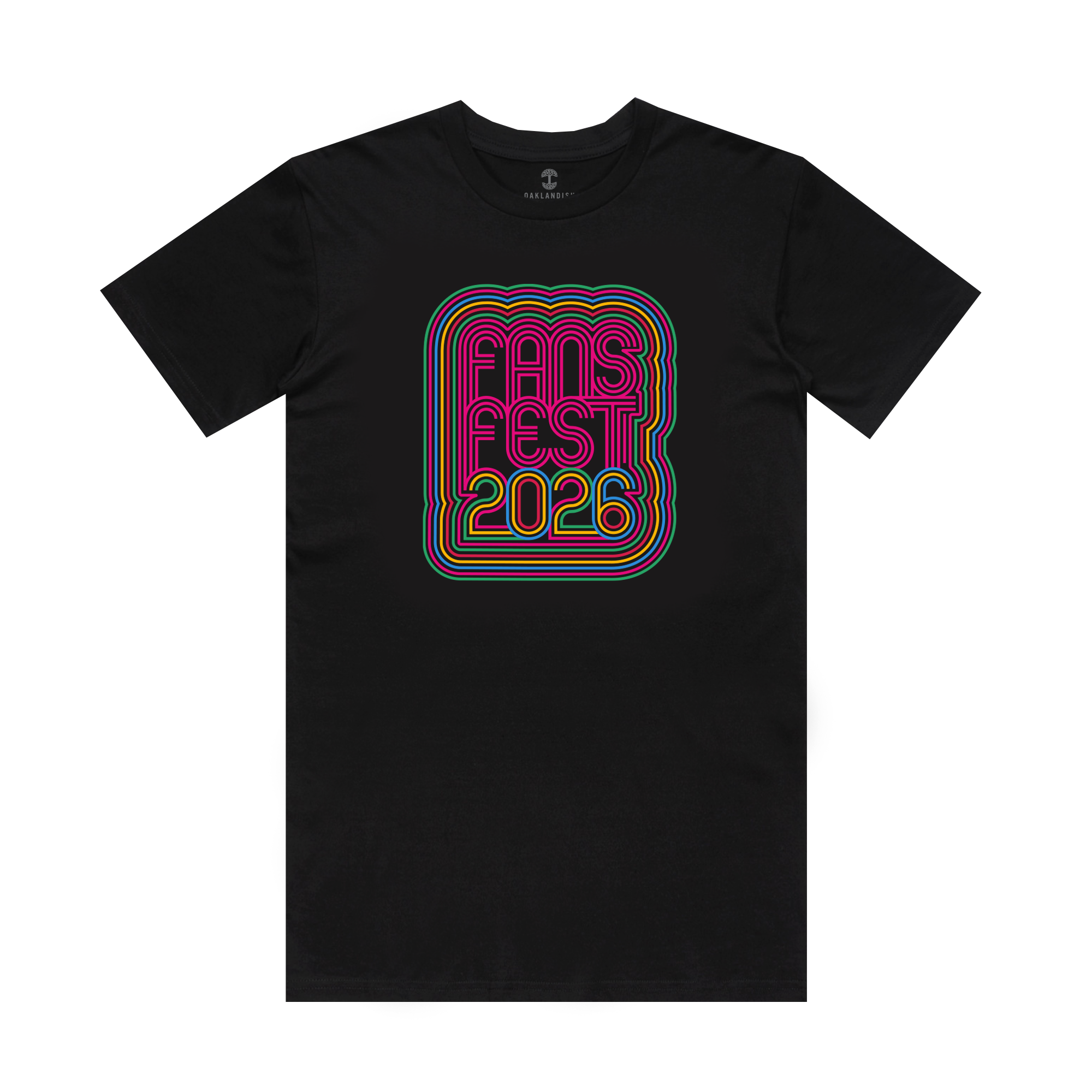 The (Preorder) Fans Fest 2026 Tee by Other is a classic fit black T-shirt made from 100% cotton, featuring a vibrant retro "FANS FEST 2026" design in neon stacked lines on the front.