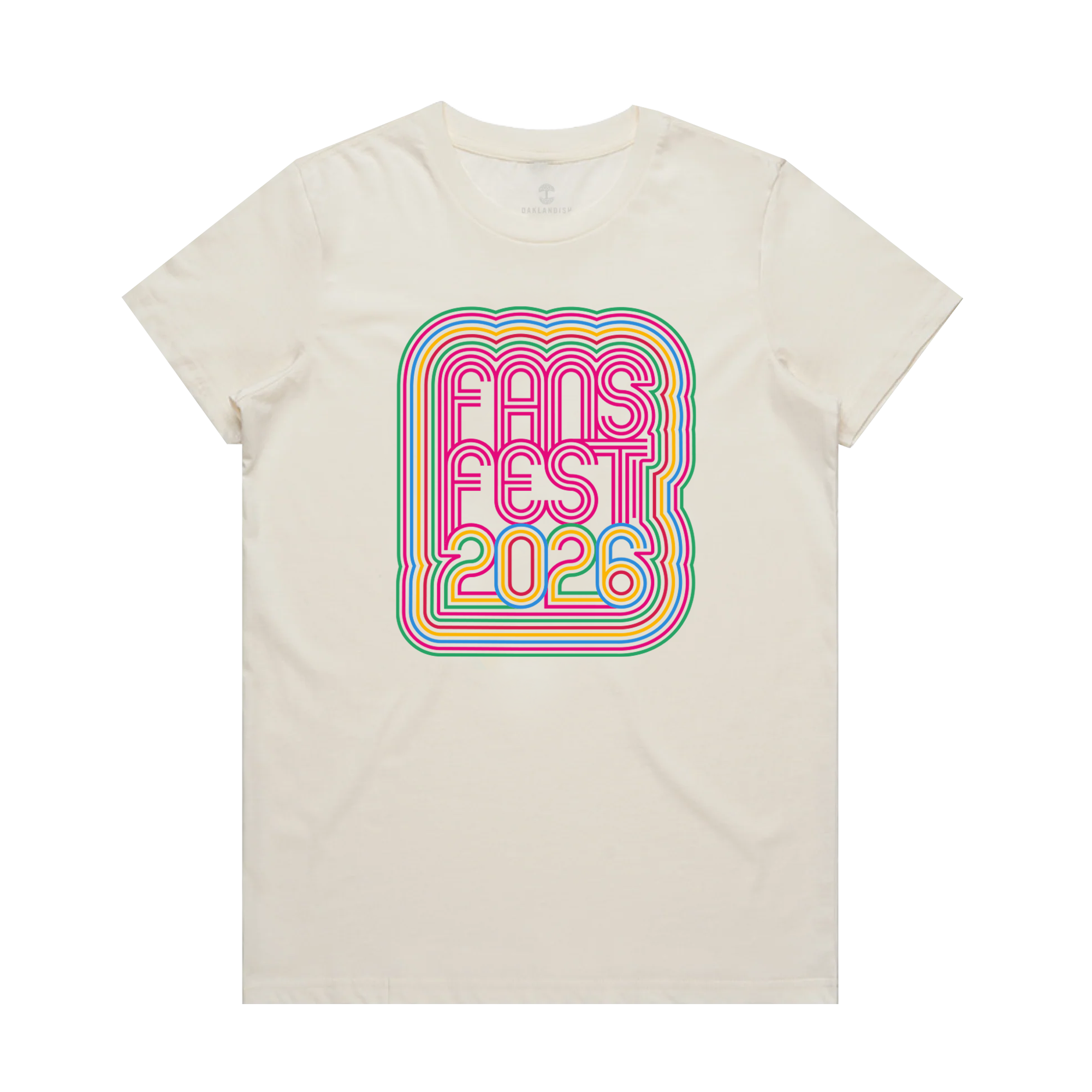 The (Preorder) Women's Fans Fest 2026 Limited Tee by Other is a cream classic fit 100% cotton shirt with bold retro "FANS FEST 2026" text and vibrant rectangles—a stylish, unique, limited edition statement piece.