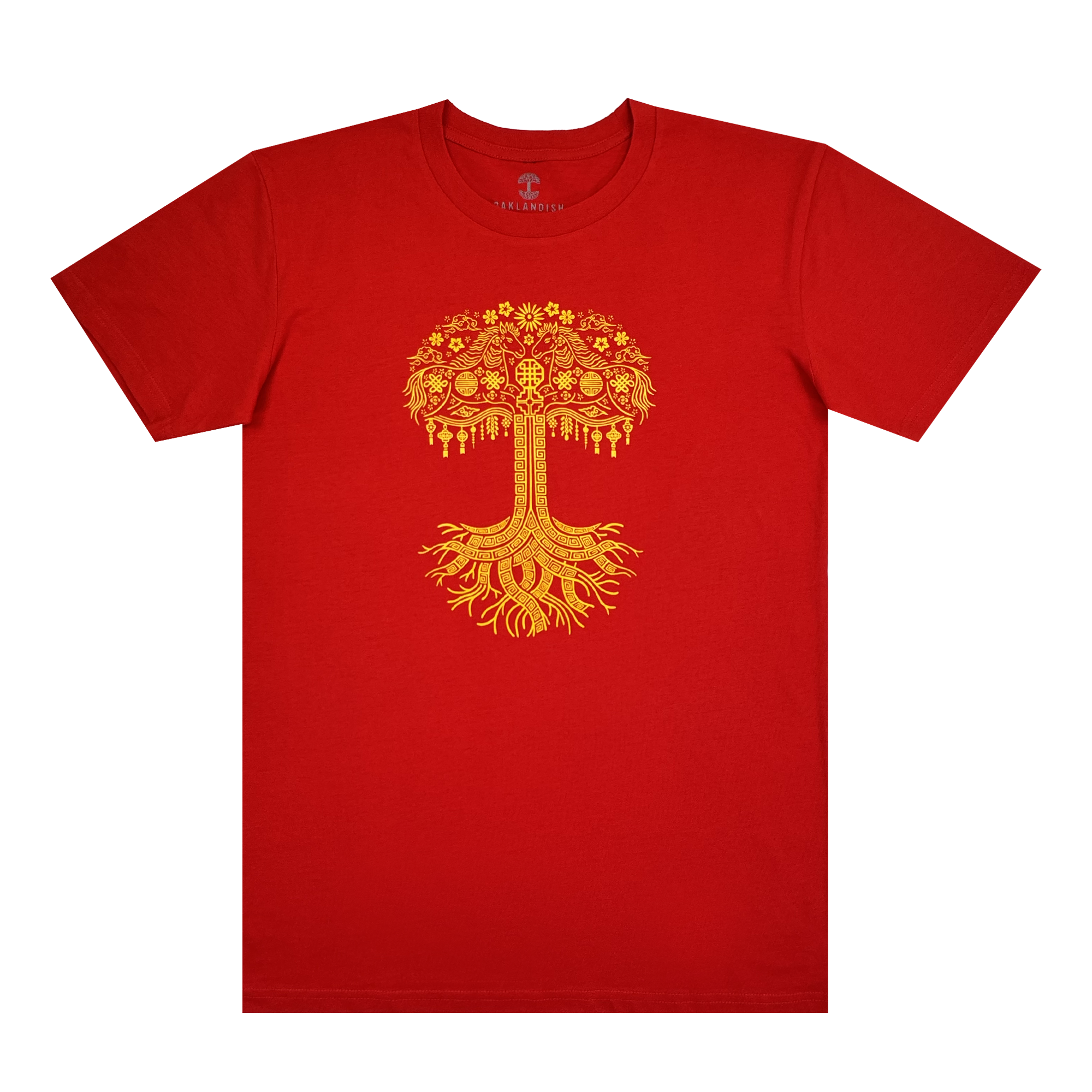 The Oaklandish Fire Horse Tee is a classic fit, red 100% cotton shirt with a detailed yellow tree design, ornate branches, flowers, and leaves. Decorative roots create a symmetrical pattern. Displayed on a plain white background.