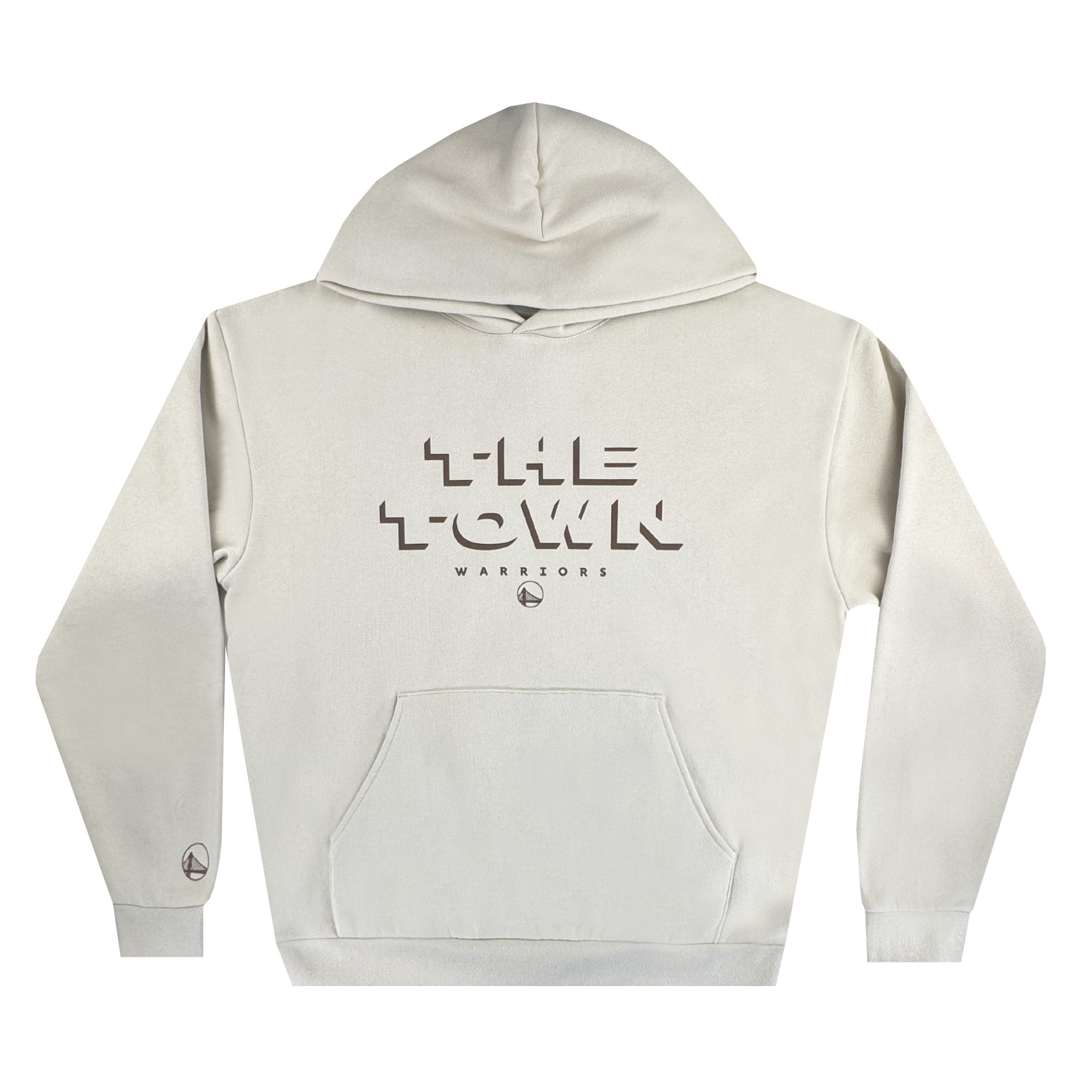 The GSW Ghost Block Letters Hoodie is cream-colored with a front pouch pocket, bold geometric brown "THE TOWN WARRIORS" chest lettering, Oaklandish-inspired bridge logos below the text and on the left cuff.