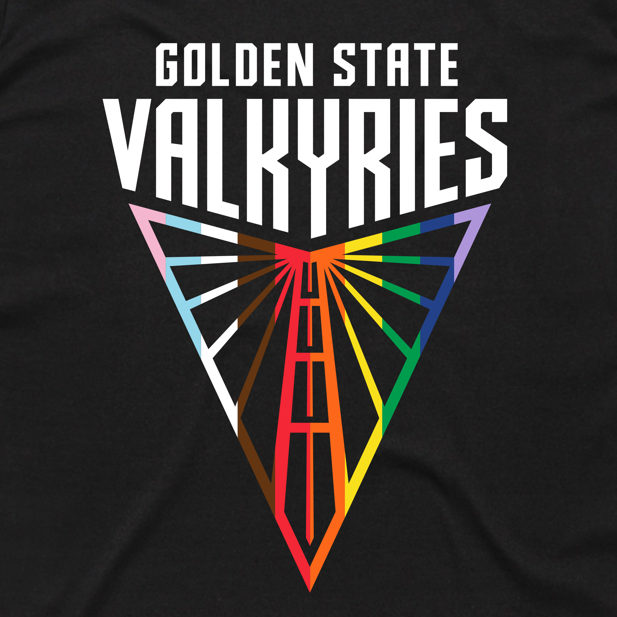 The GSV Logo Love Tee by GSV features the Golden State Valkyries logo—bold white text above a bridge emblem with rainbow and trans flag colors—printed on classic fit 100% cotton black fabric, celebrating diversity and pride.