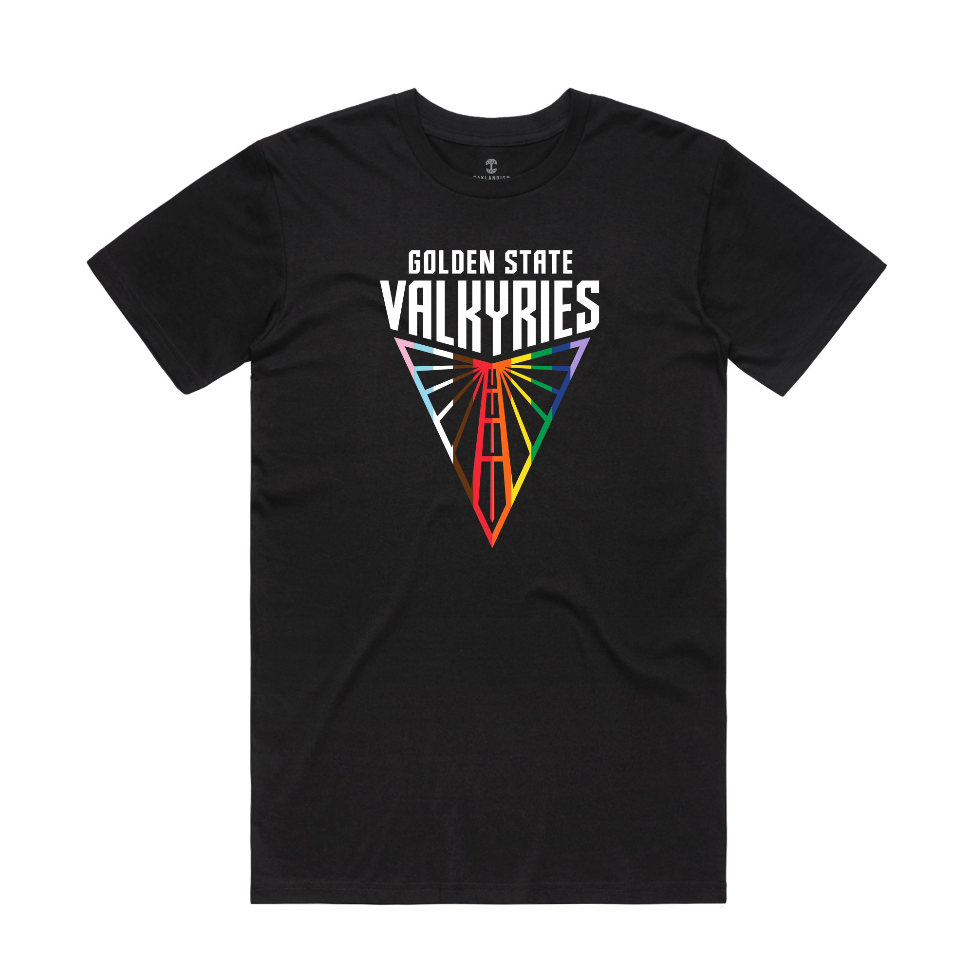 The GSV Logo Love Tee by GSV is a classic fit, 100% cotton shirt featuring “GOLDEN STATE VALKYRIES” above a red and orange triangular bridge with radiant rainbow lines, inspired by the Golden Gate Bridge.