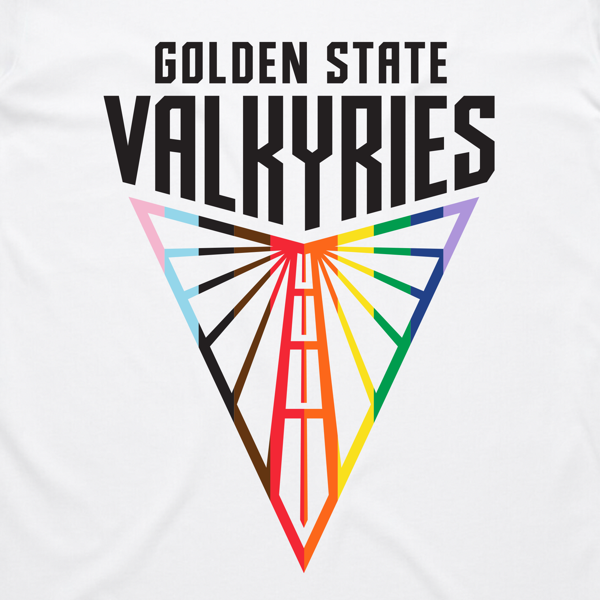 The GSV Logo Love Tee by GSV showcases bold "GOLDEN STATE VALKYRIES" text above a triangular Golden Gate Bridge emblem with rainbow rays, printed on a classic-fit, 100% cotton shirt celebrating diversity and inclusion.
