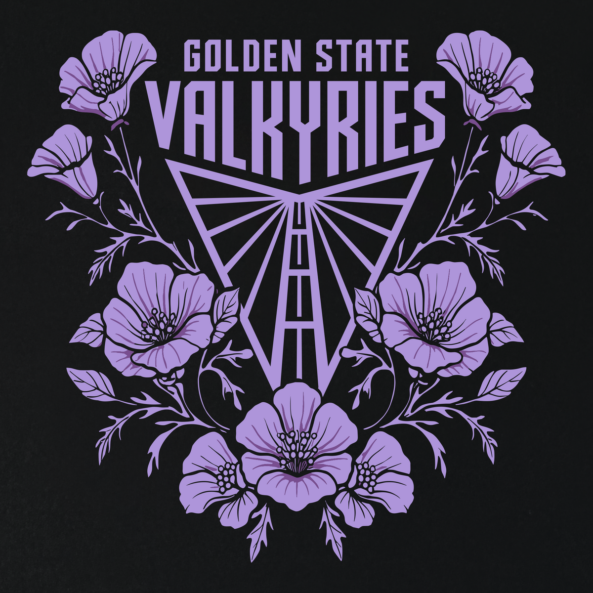 The GSV Women’s Poppies Crop Tee features a light purple “GOLDEN STATE VALKYRIES” graphic stacked above a geometric mountain shape on a black cropped t-shirt, framed by clusters of detailed light purple poppies with delicate stems and leaves.