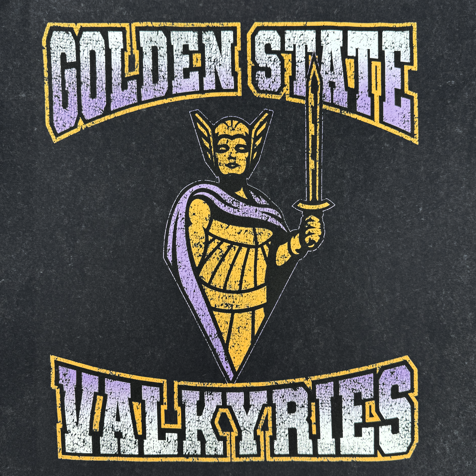 The GSV Golden State Valkyries Guardian Stone Wash Heavy Tee features a stylized female Valkyrie in armor with “GOLDEN STATE” above and “VALKYRIES” below, printed on 100% cotton with a textured black background.
