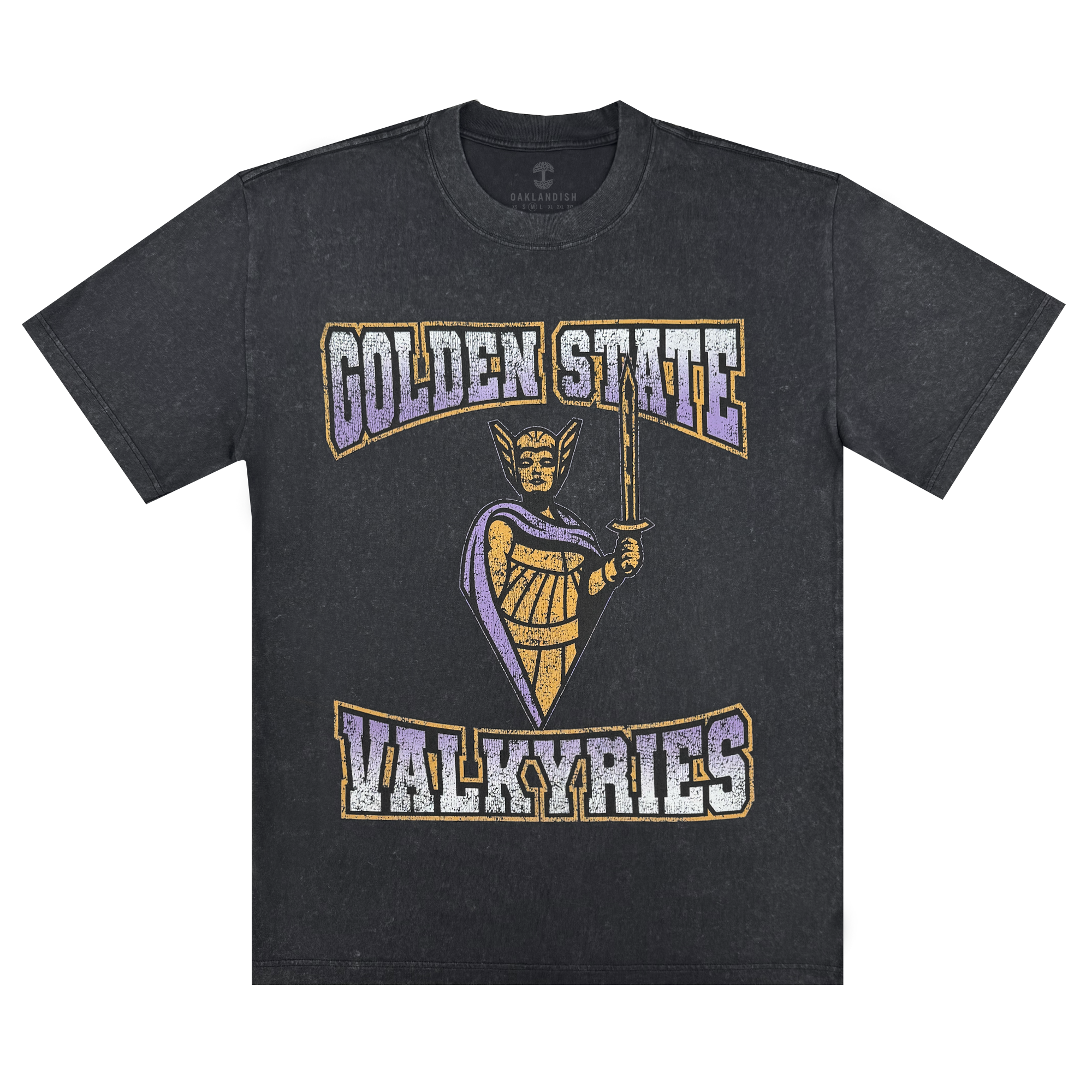 Show your support for the Golden State Valkyries in the GSV Guardian Stone Wash Heavy Tee—a 100% cotton, classic fit shirt with a female warrior graphic and "GOLDEN STATE" above and "VALKYRIES" below in gold, white, and purple.