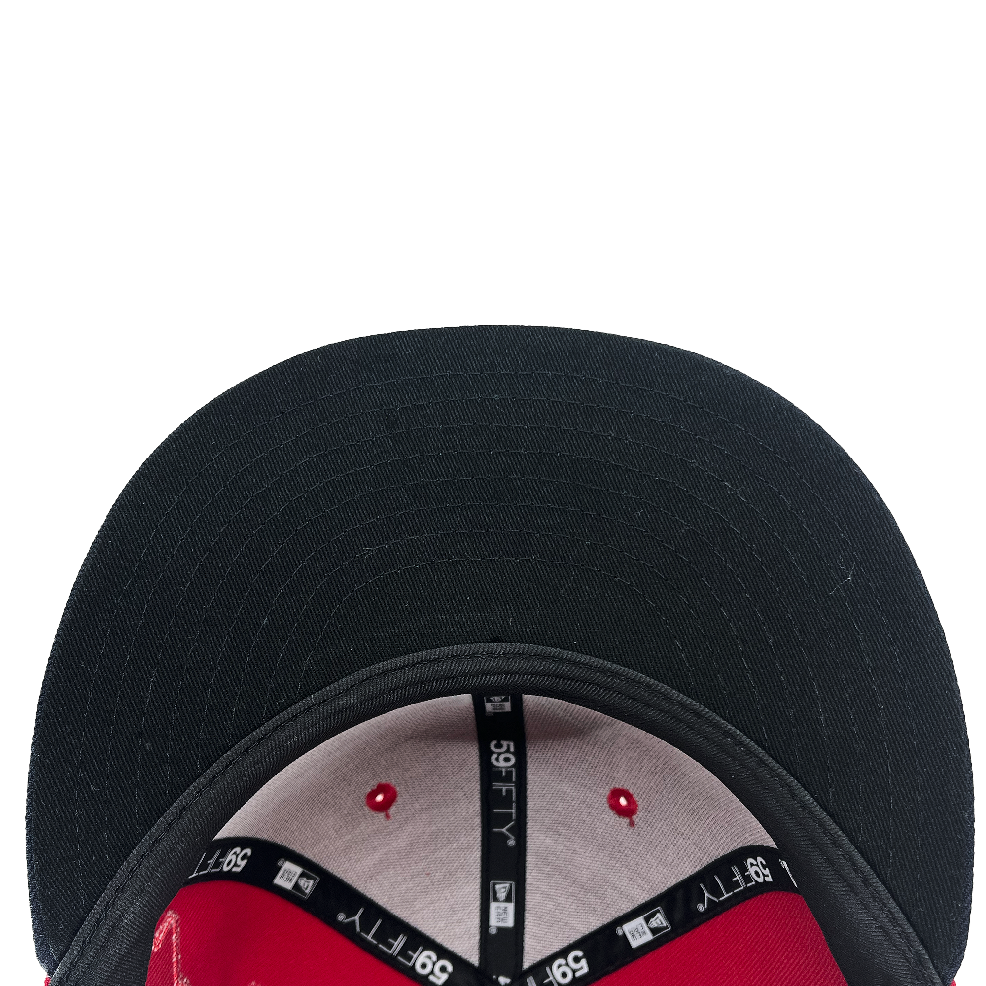 Inside and bill view of red 59fifty fitted hat with El Aguila logo.