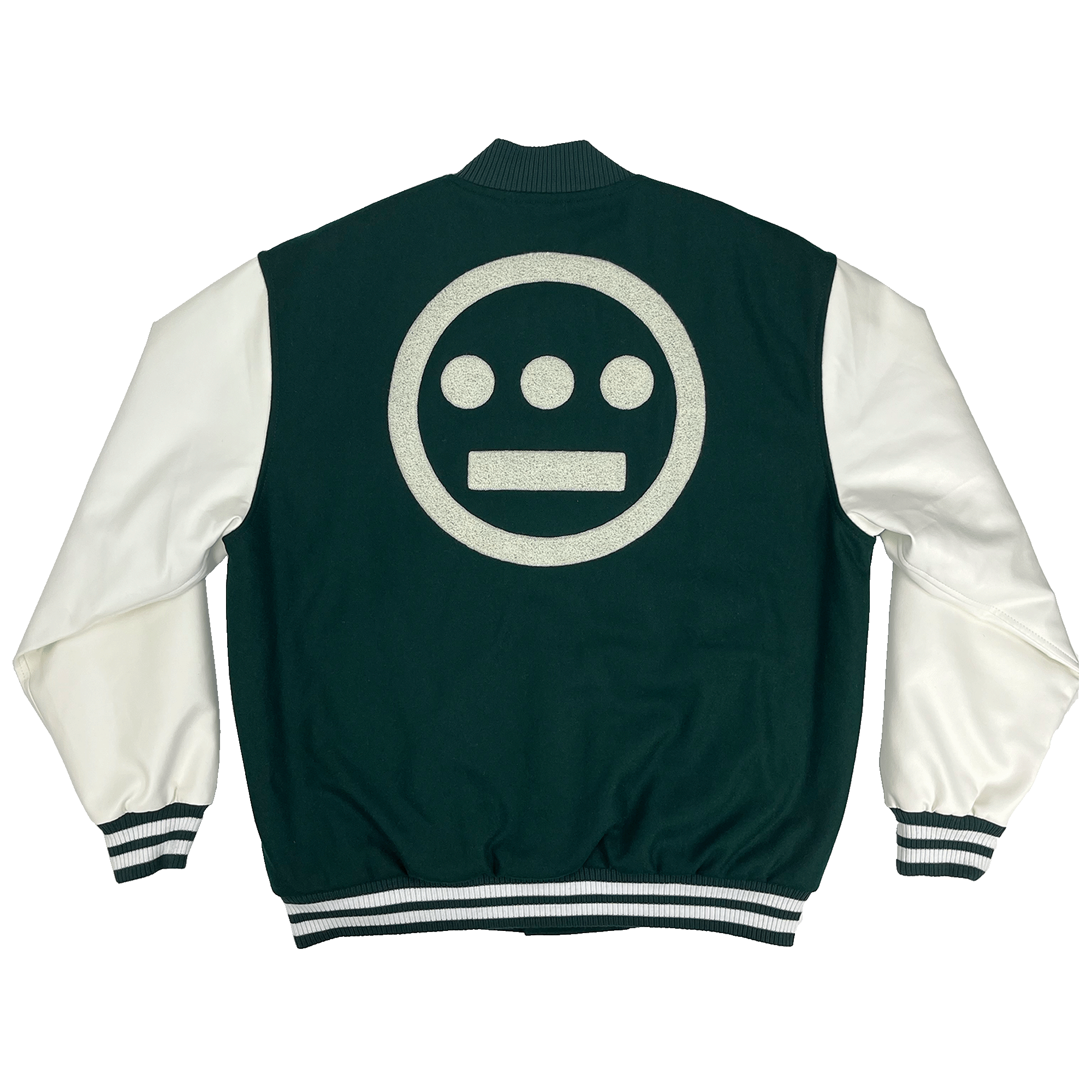 A backside view of a green varsity jacket with white sleeves and green and white striped trim with a large white Hieroglyphics hip-hop logo on the center back.