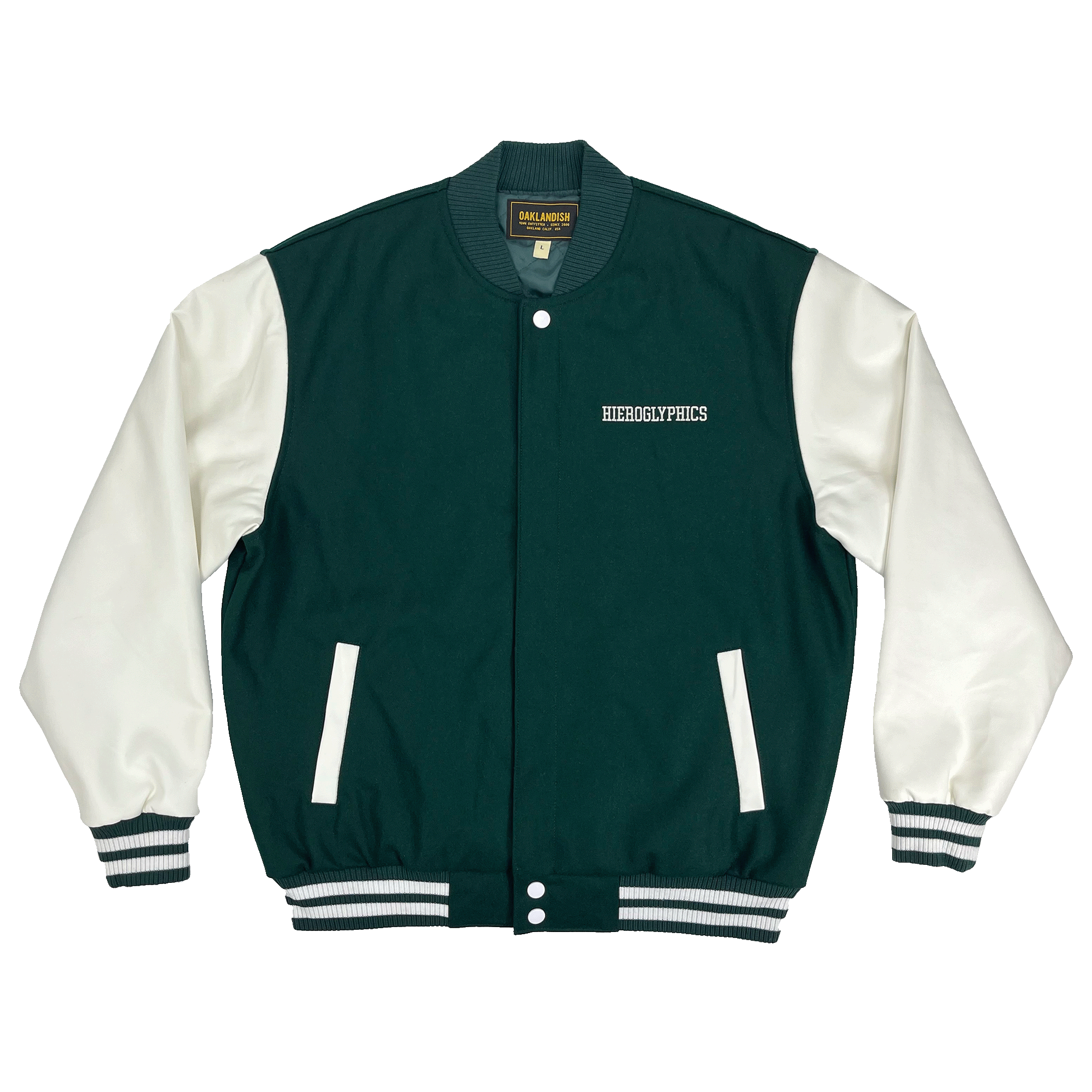Green varsity jacket with white sleeves and green and white striped trim with white embroidered Hieroglyphics hip-hop logo on the left chest wearside.