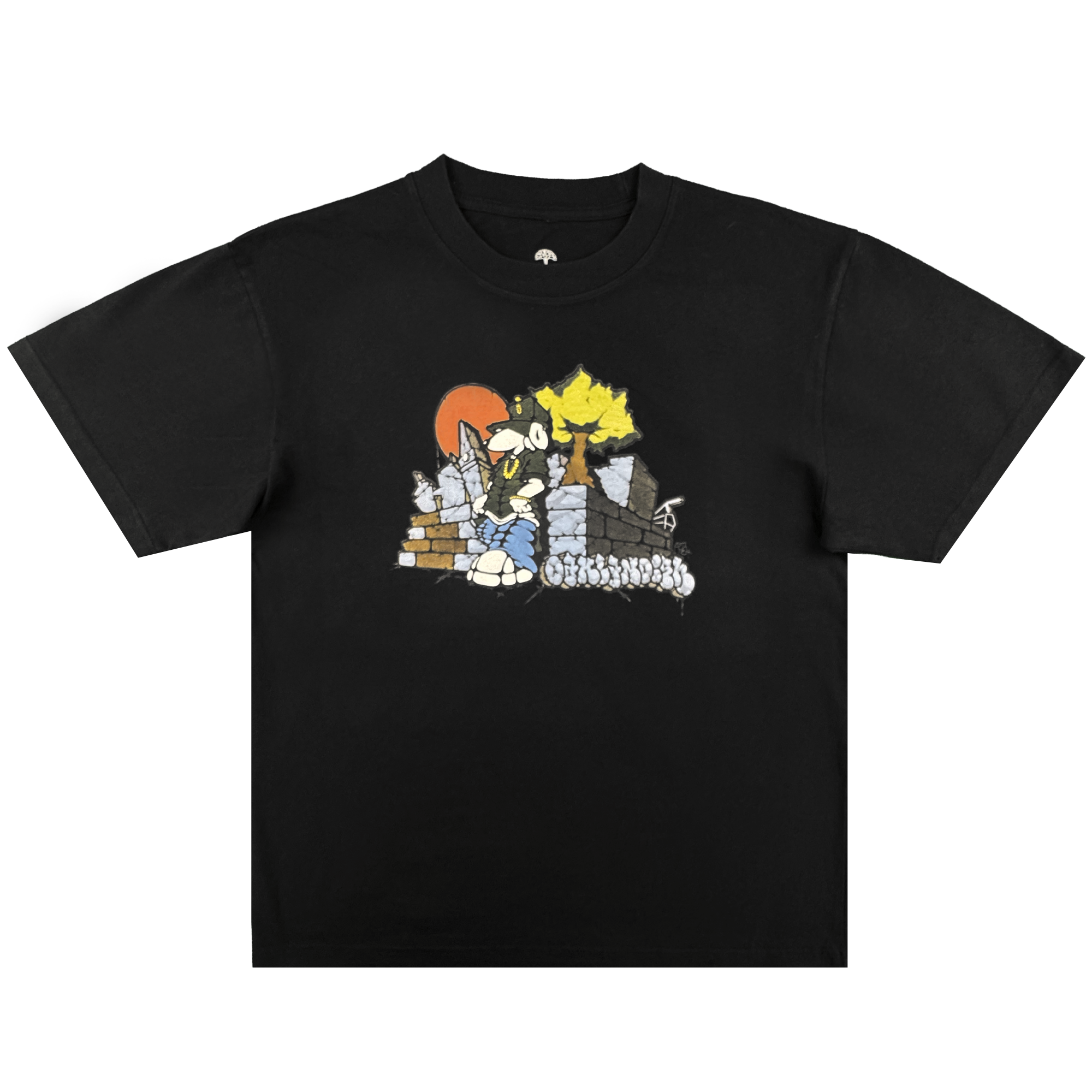 The Oaklandish Highroller Tee is a men's black t-shirt with a cartoon blue cat ninja, yellow hair, red sun, and brick wall on a stone path. Made from heavy-weight cotton, this classic fit tee offers lasting comfort and durability.
