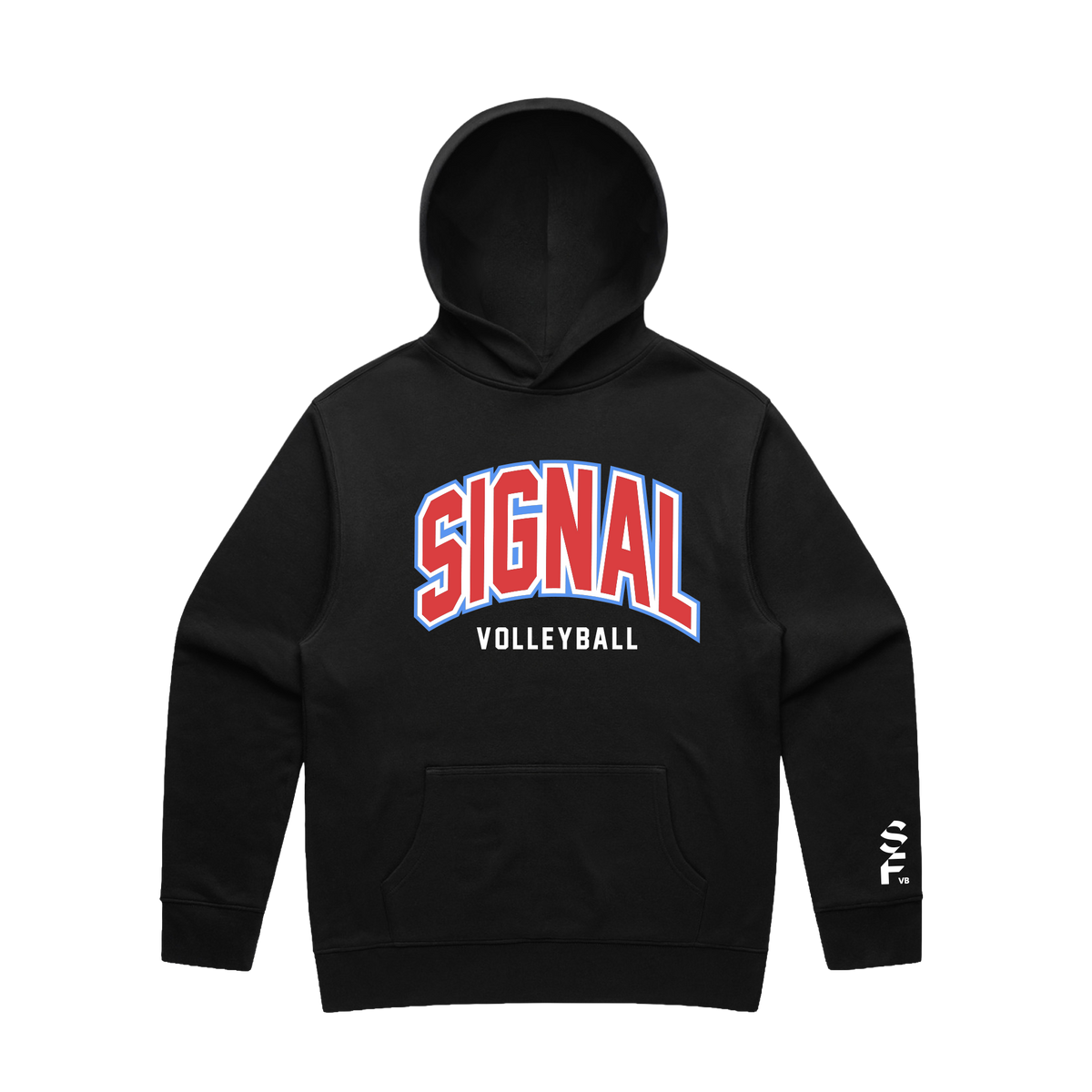 SF Signal Impact Pullover black fleece hoodie featuring “SIGNAL” in red, blue, and white athletic lettering with “VOLLEYBALL” in white on the chest, a white logo on the left cuff, and a kangaroo pocket.
