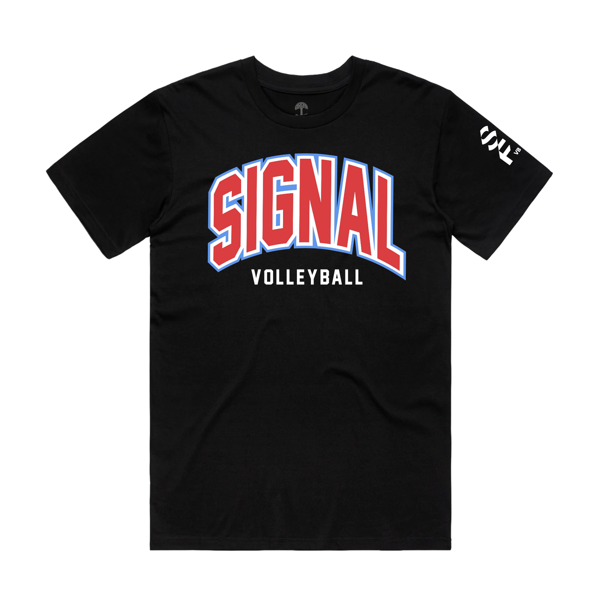 A black SF Signal Impact Tee shown against a white background featuring an arched red “SIGNAL” graphic with blue and white outlines, “VOLLEYBALL” in white text, and a small white logo on the left sleeve.