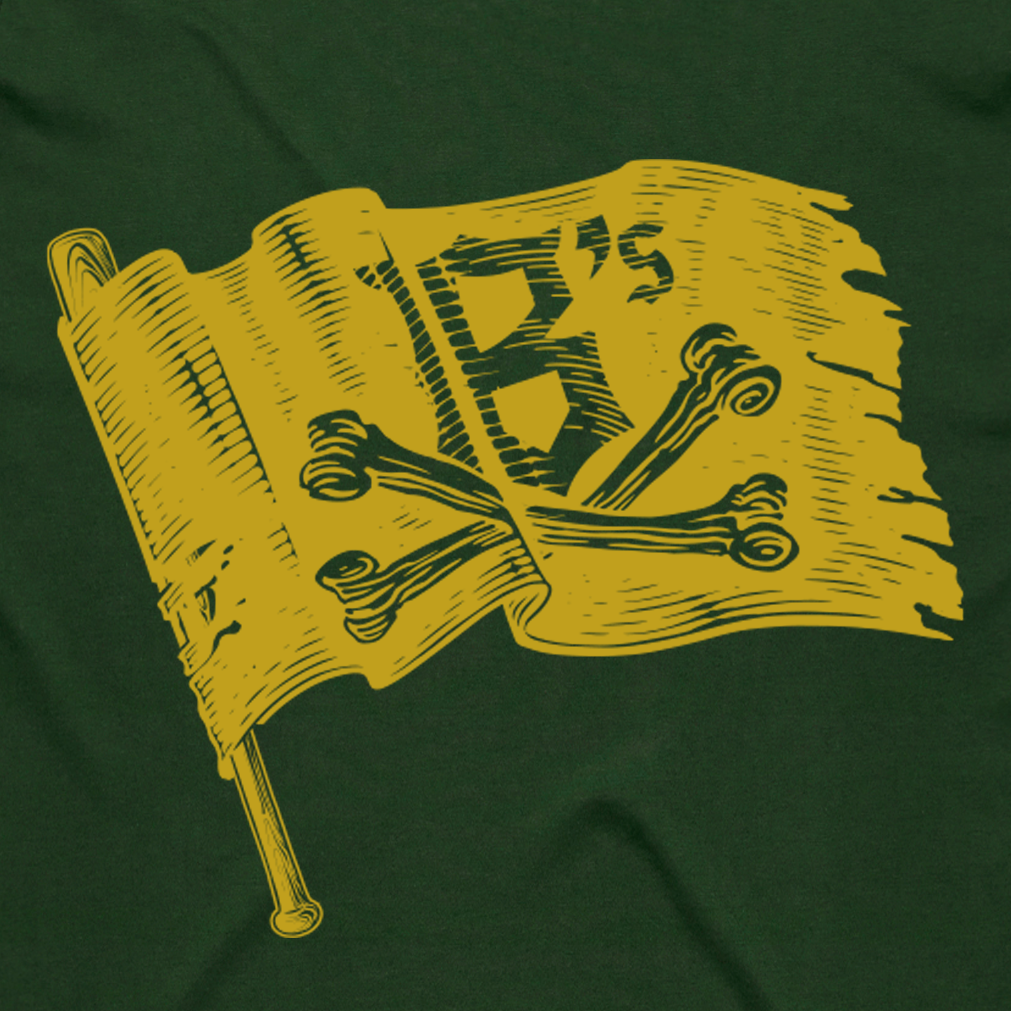 The Jolly Roger Tee by Oakland Ballers features a yellow, tattered flag with "B's" and crossed bones on a dark green background, resembling a pirate flag and representing the professional baseball team.