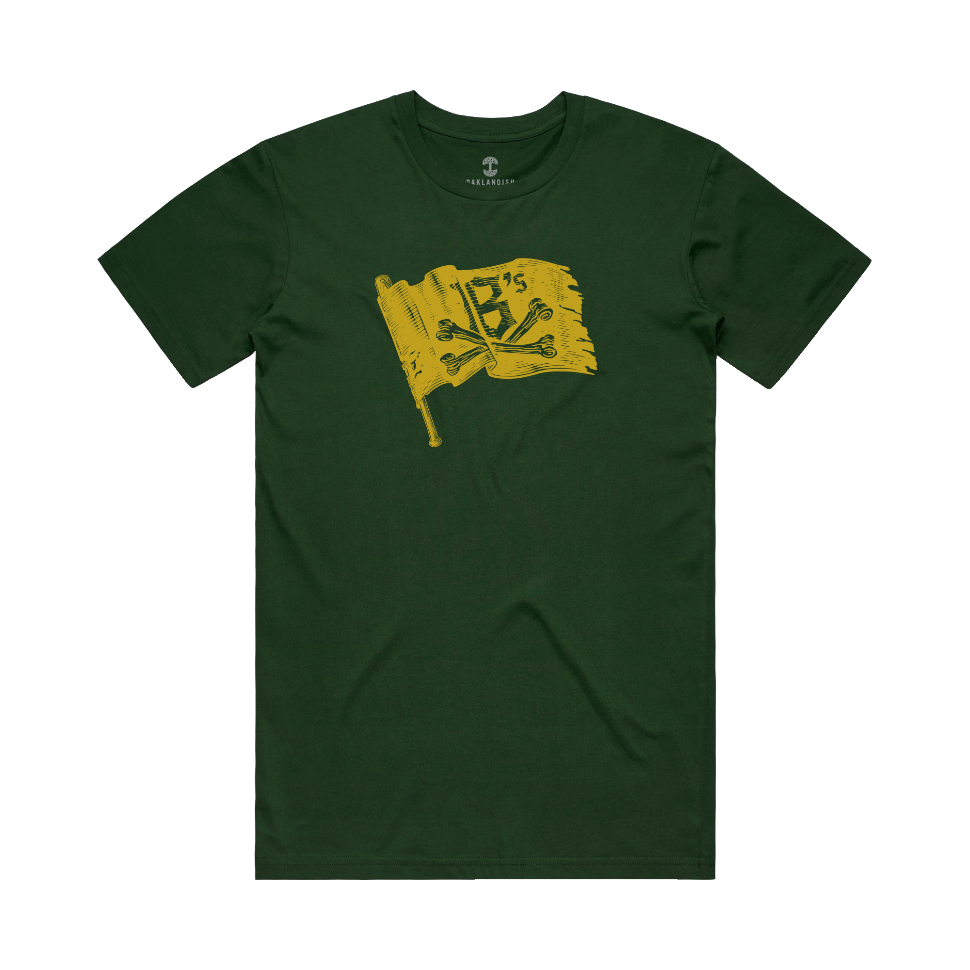 The Jolly Roger Tee by Oakland Ballers is a dark green short-sleeve crewneck t-shirt with a distressed yellow flag, crossed paddle and skull graphic, plus "A's" text referencing the Oakland Athletics.