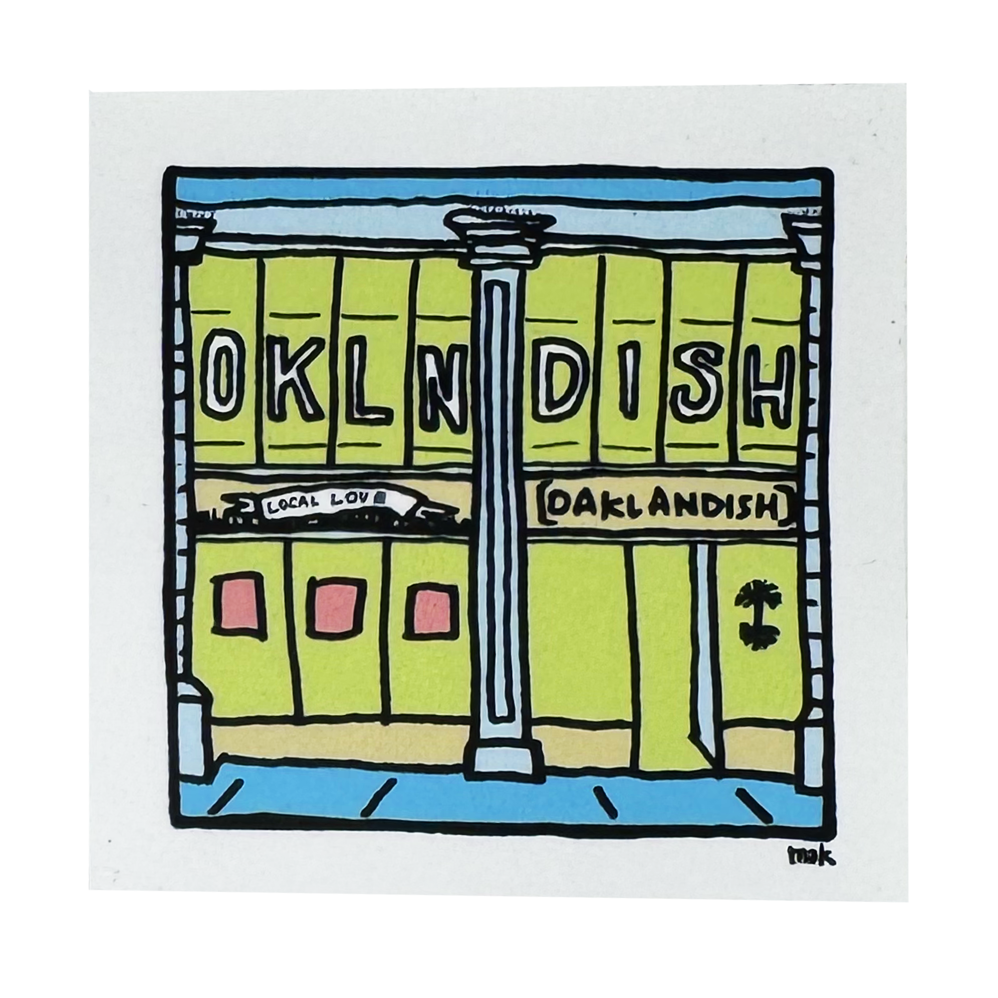 Add a pop of color with the Oaklandish DTO Storefront Sticker—a 2" x 2" cartoon-style design featuring "OAKLANDISH" at 1444 Broadway, yellow panels, and the iconic tree logo. Perfect for showing local pride!.