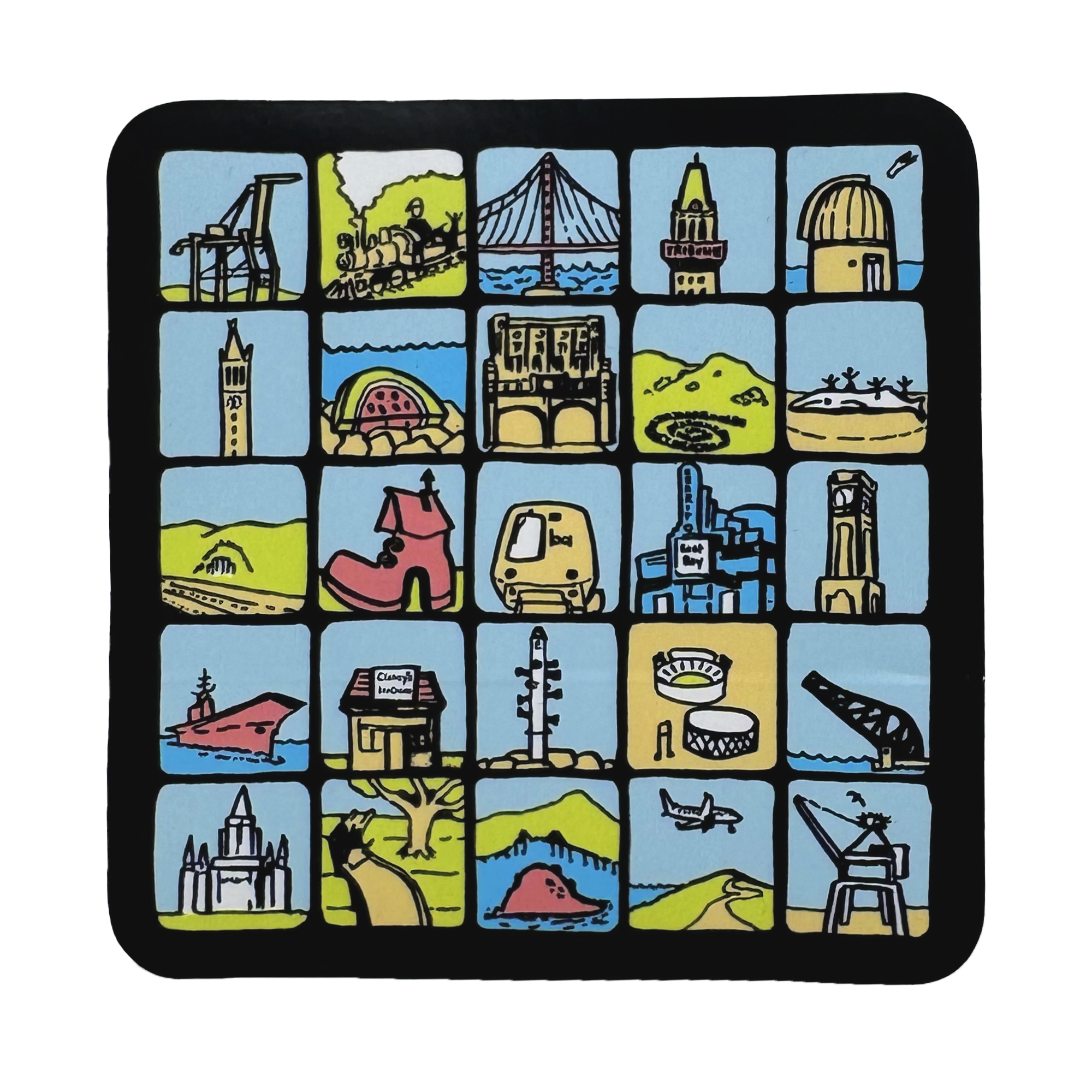 A grid of 20 cartoon icons on the Oaklandish East Bay Landmark Sticker showcases local landmarks and symbols—all outlined in black with blue backgrounds—highlighting the unique character of the region.
