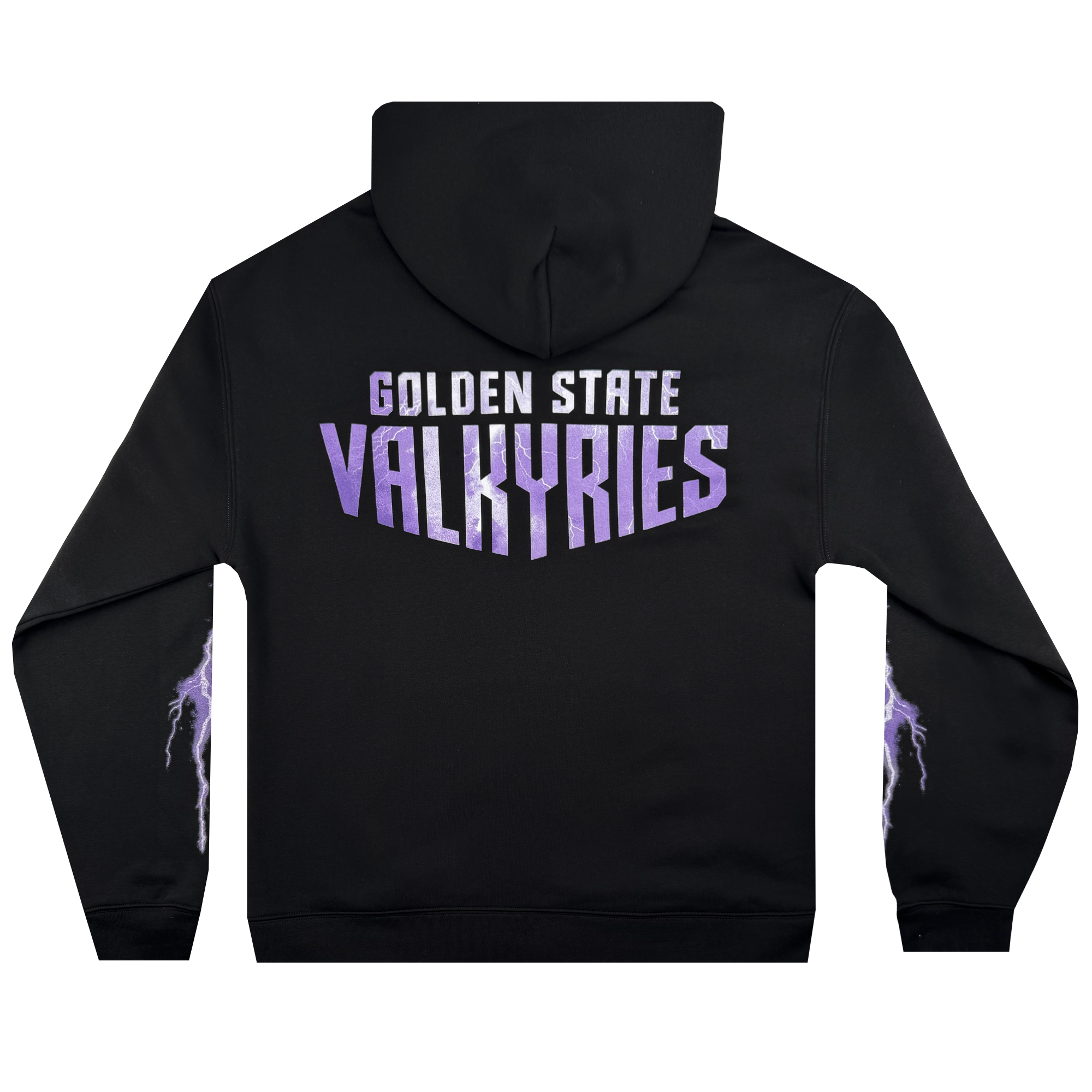The GSV Golden State Valkyries Violet Lightning Hoodie is a black, mid-weight fleece pullover with bold white and purple "GOLDEN STATE VALKYRIES" text on the back and purple lightning bolts down each sleeve. Officially licensed.
