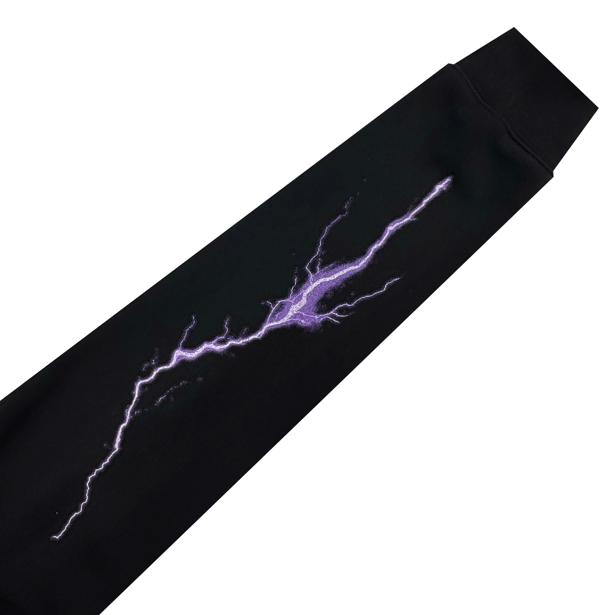 The GSV Golden State Valkyries Violet Lightning Hoodie features a black mid-weight fleece with a bold, jagged purple lightning bolt across the front, creating striking contrast against the white background and making the vibrant design stand out.